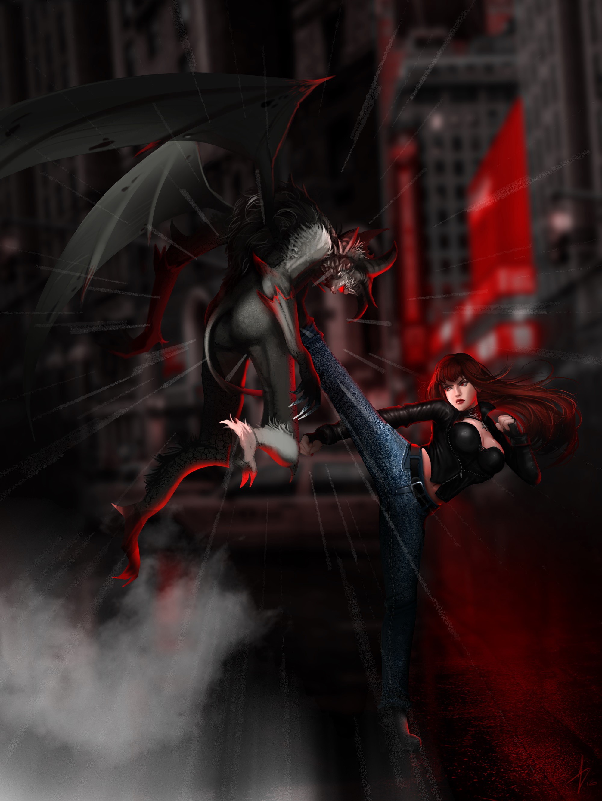 Woman fighting a demon in a city HD Phone Wallpaper