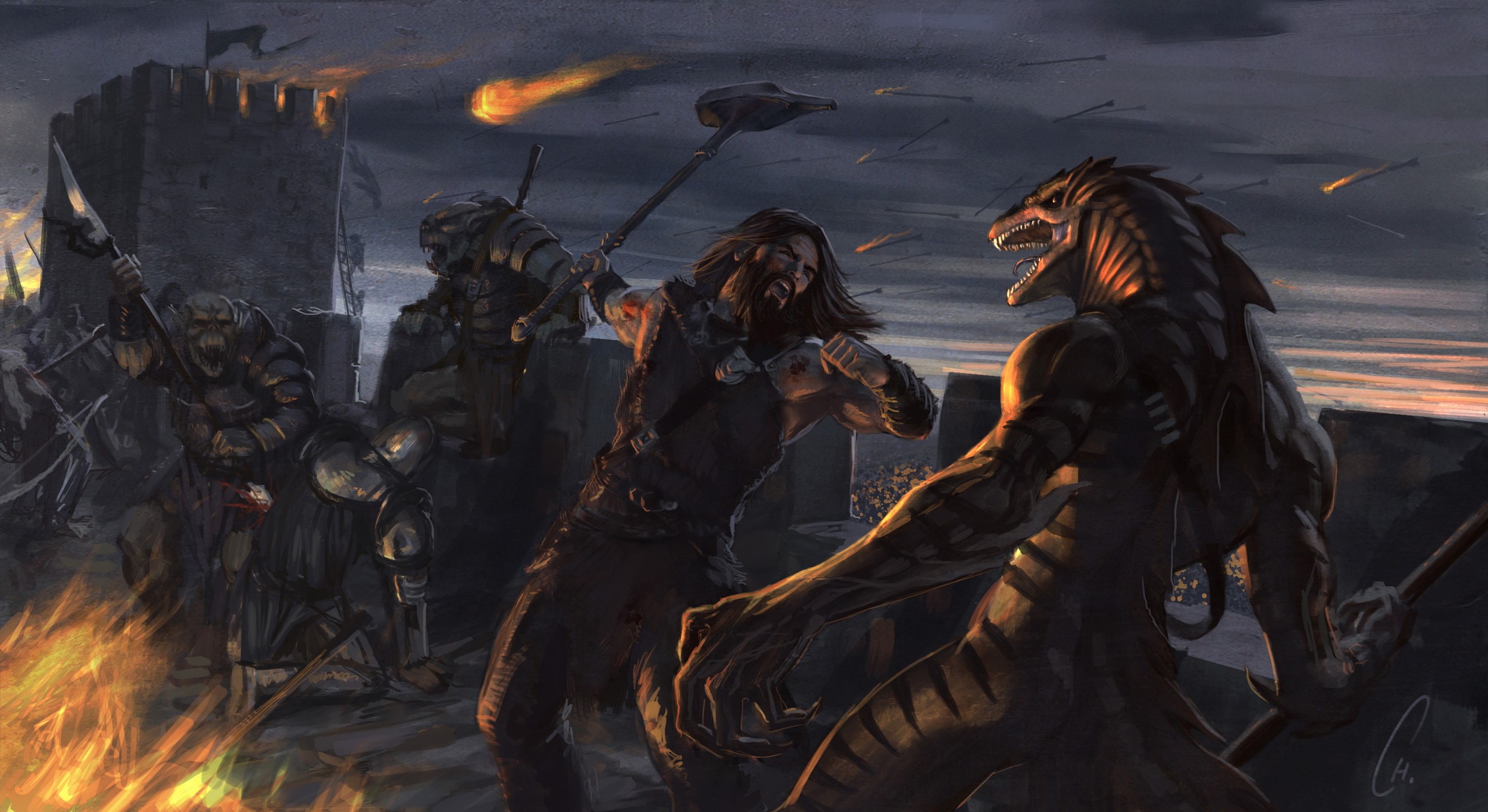 Battle at a Castle with Orcs and a Lizardman HD Wallpaper