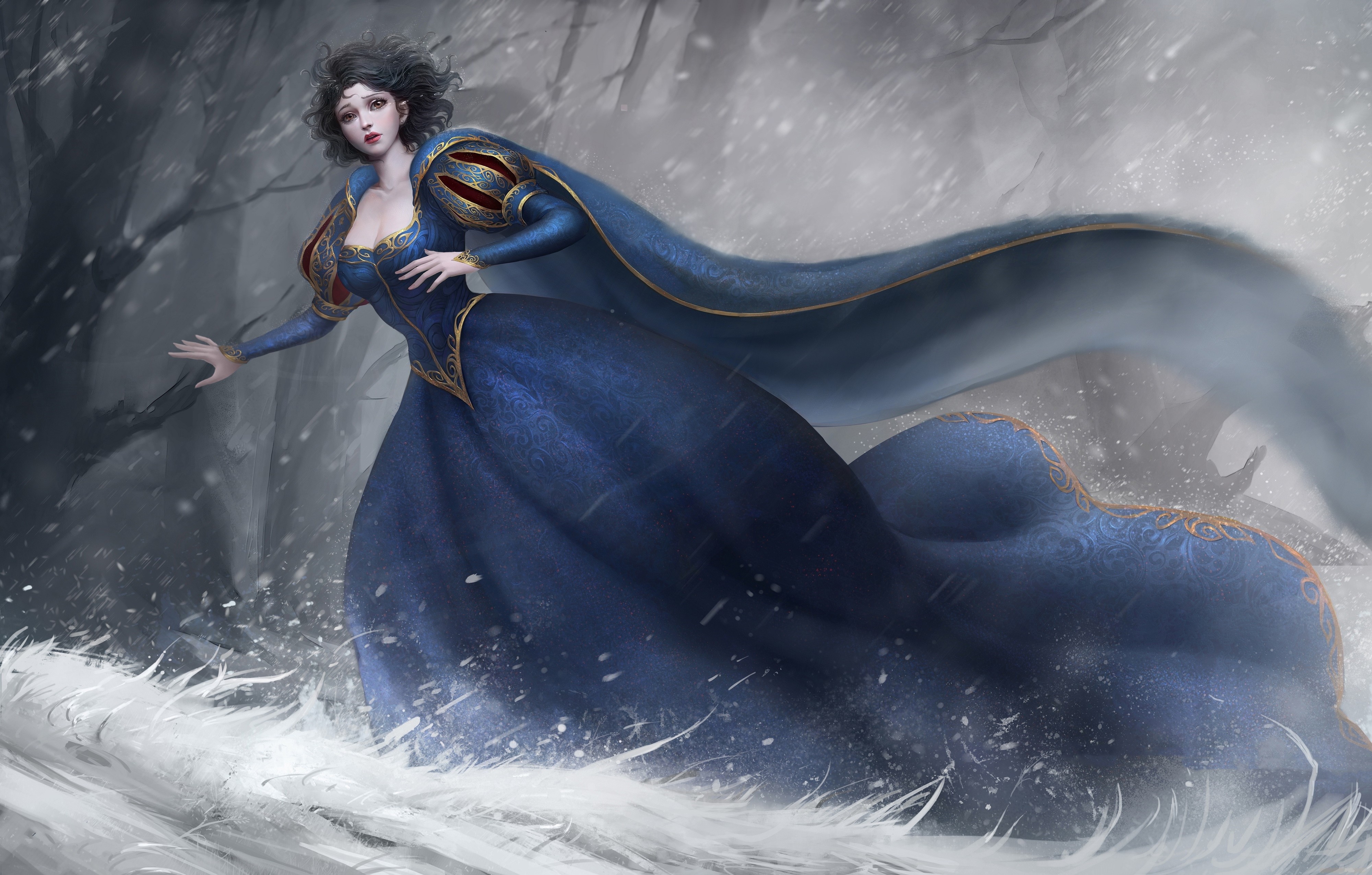 Woman in a blue dress in the snow HD Wallpaper