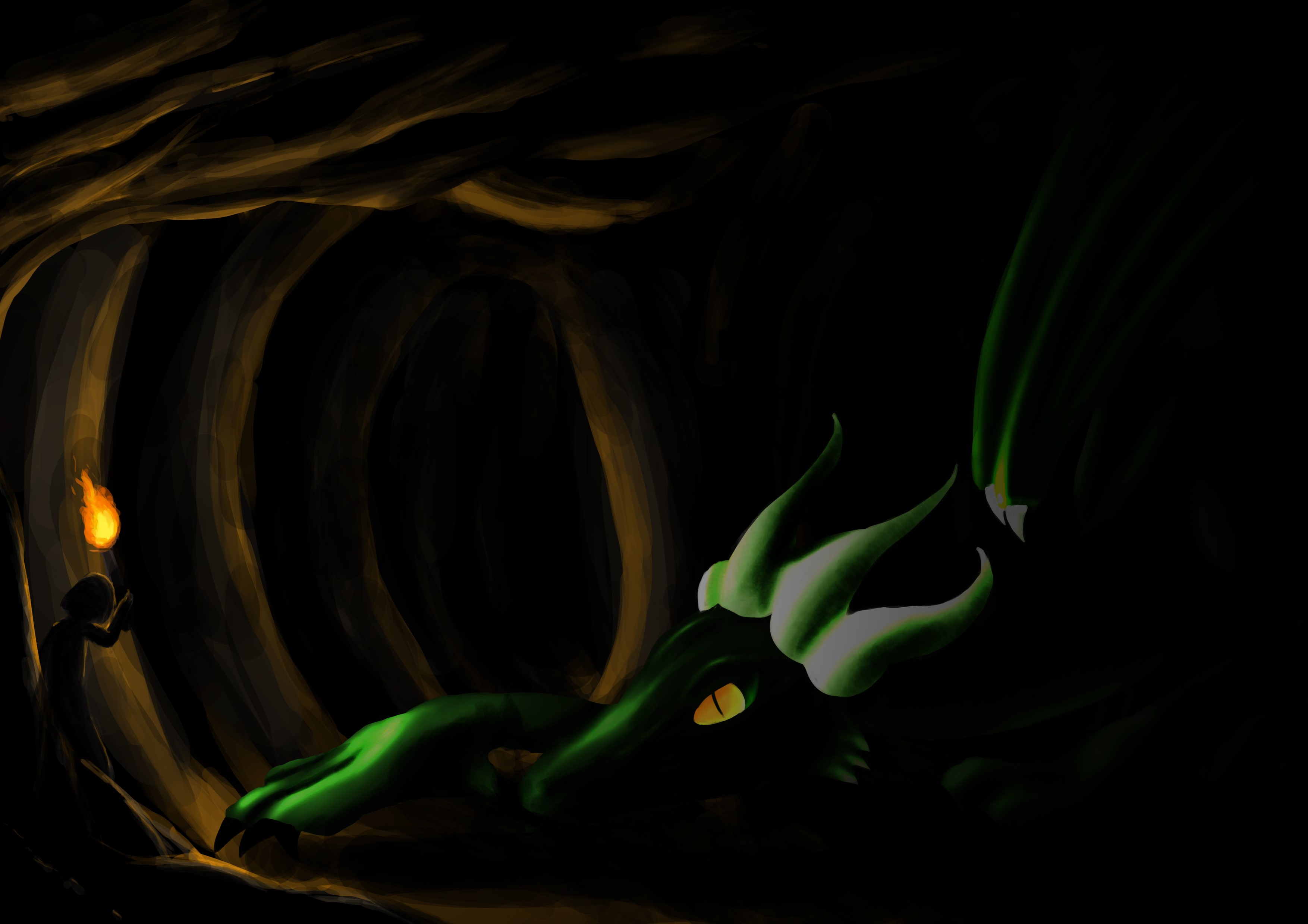 A person with a torch encounters a dragon in a cave HD Wallpaper