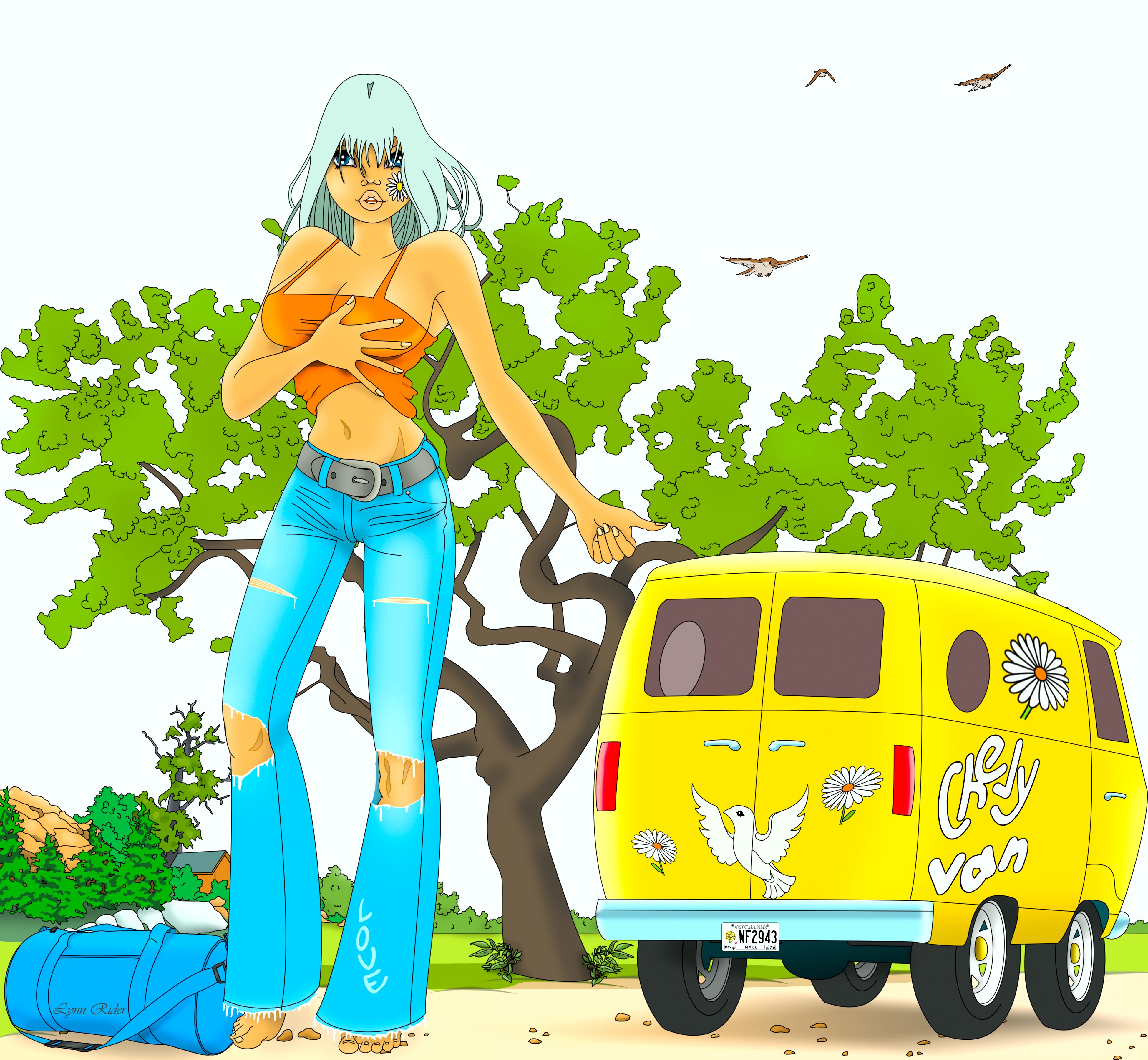 Girl with a flower on her face and a yellow van HD Wallpaper