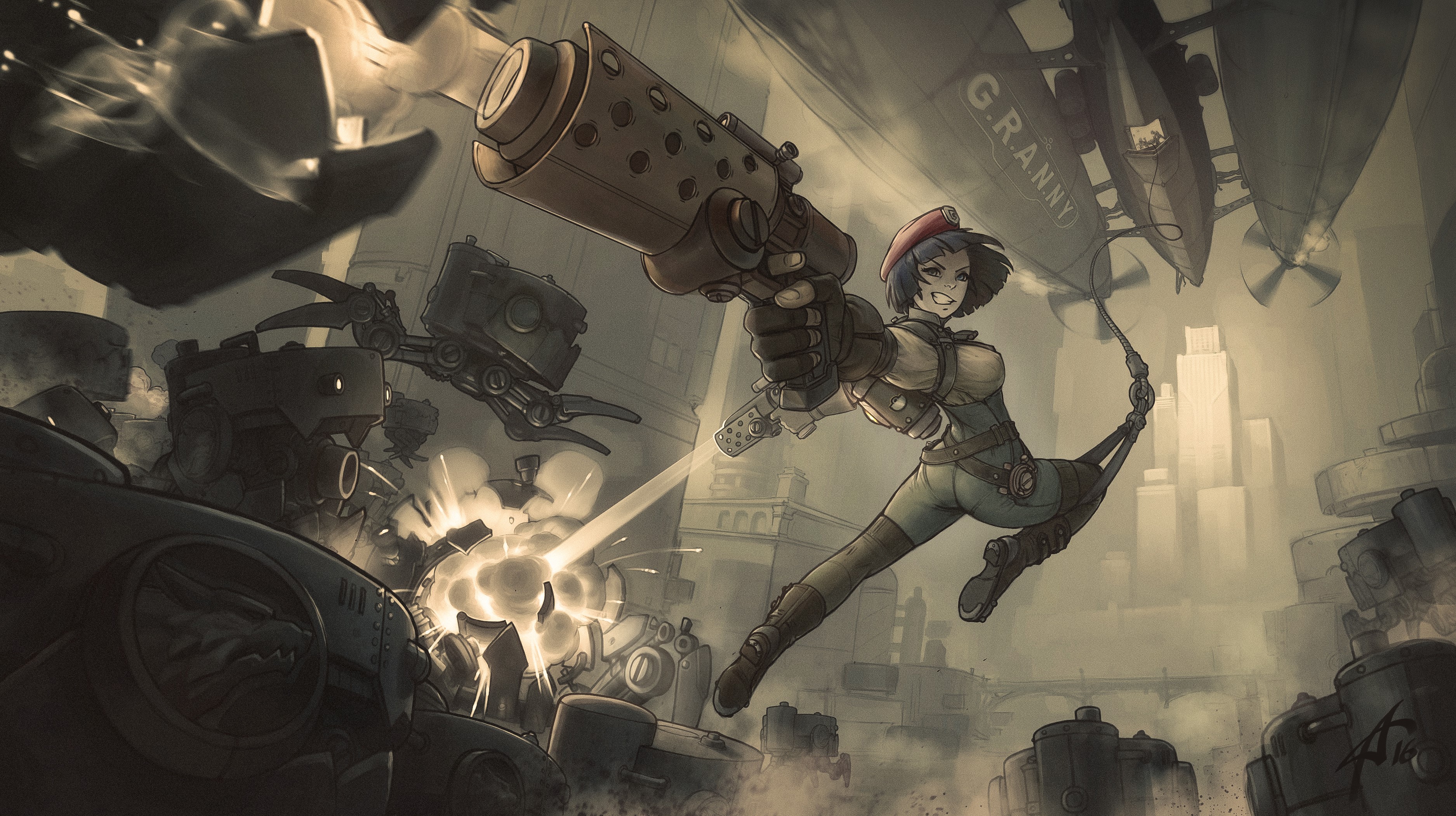 Girl with gun in steampunk city with airships HD Wallpaper