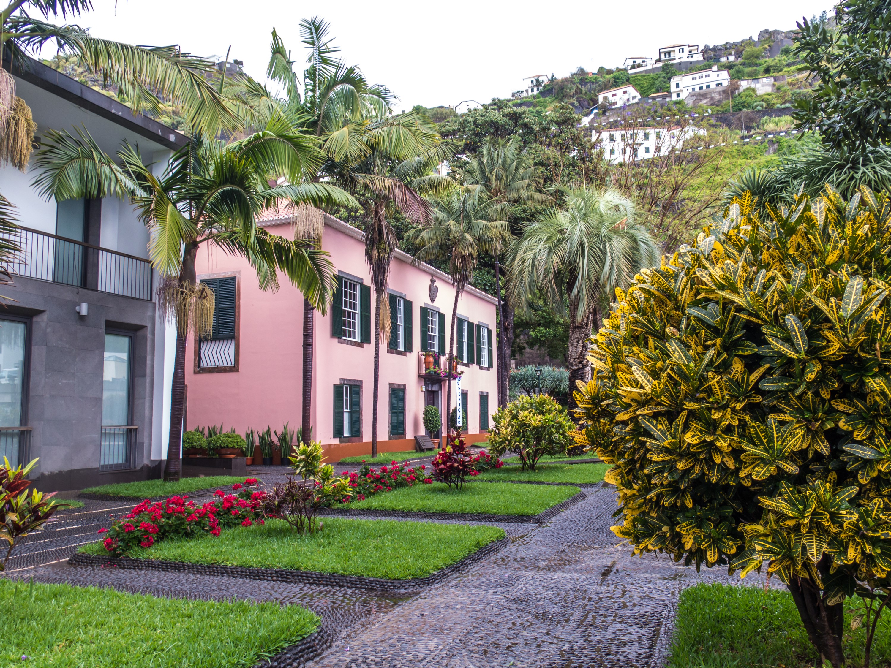 Pink house and modern building with garden in Madeira HD Wallpaper