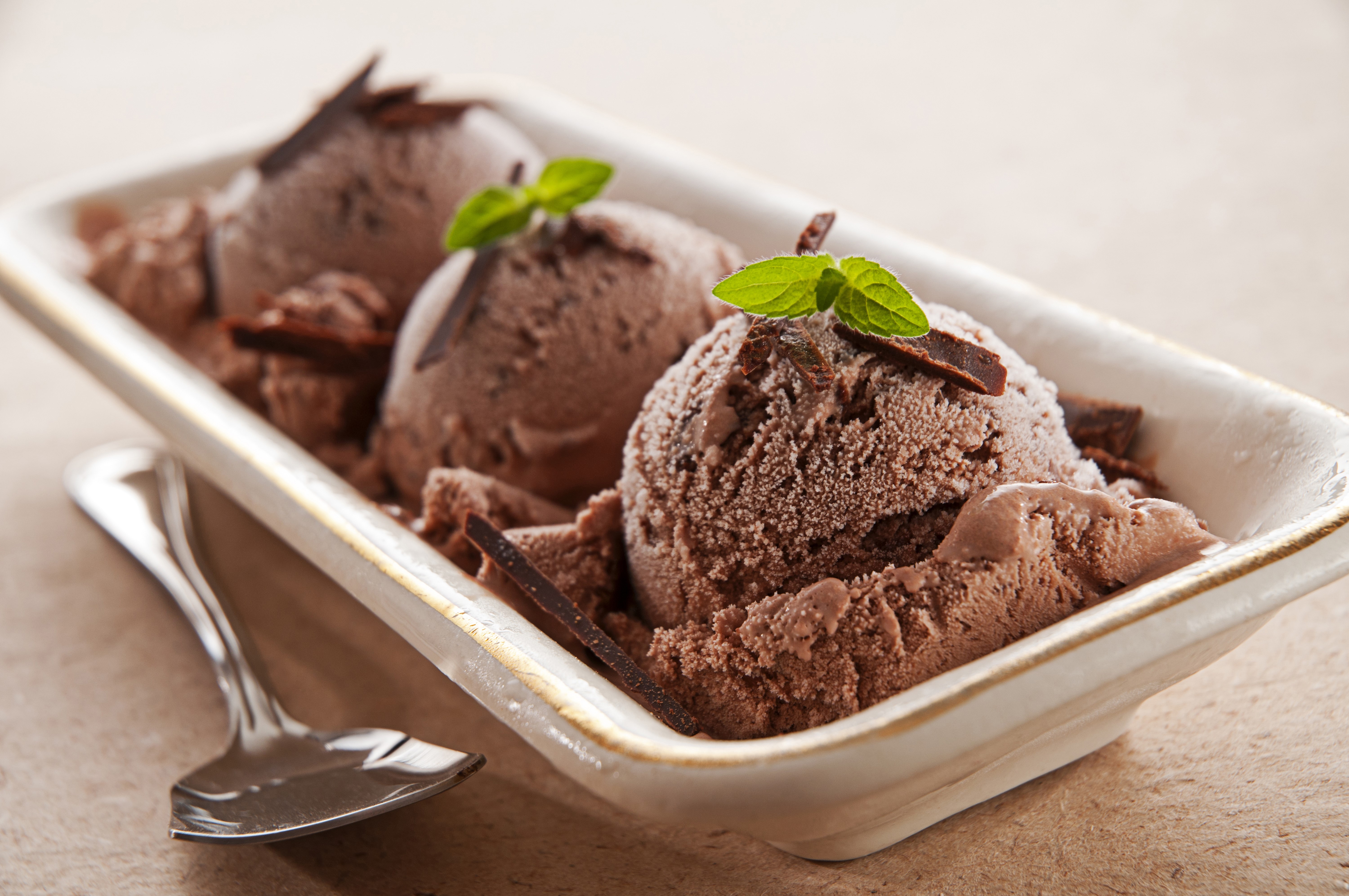 Chocolate ice cream scoops with mint and chocolate shavings HD Wallpaper
