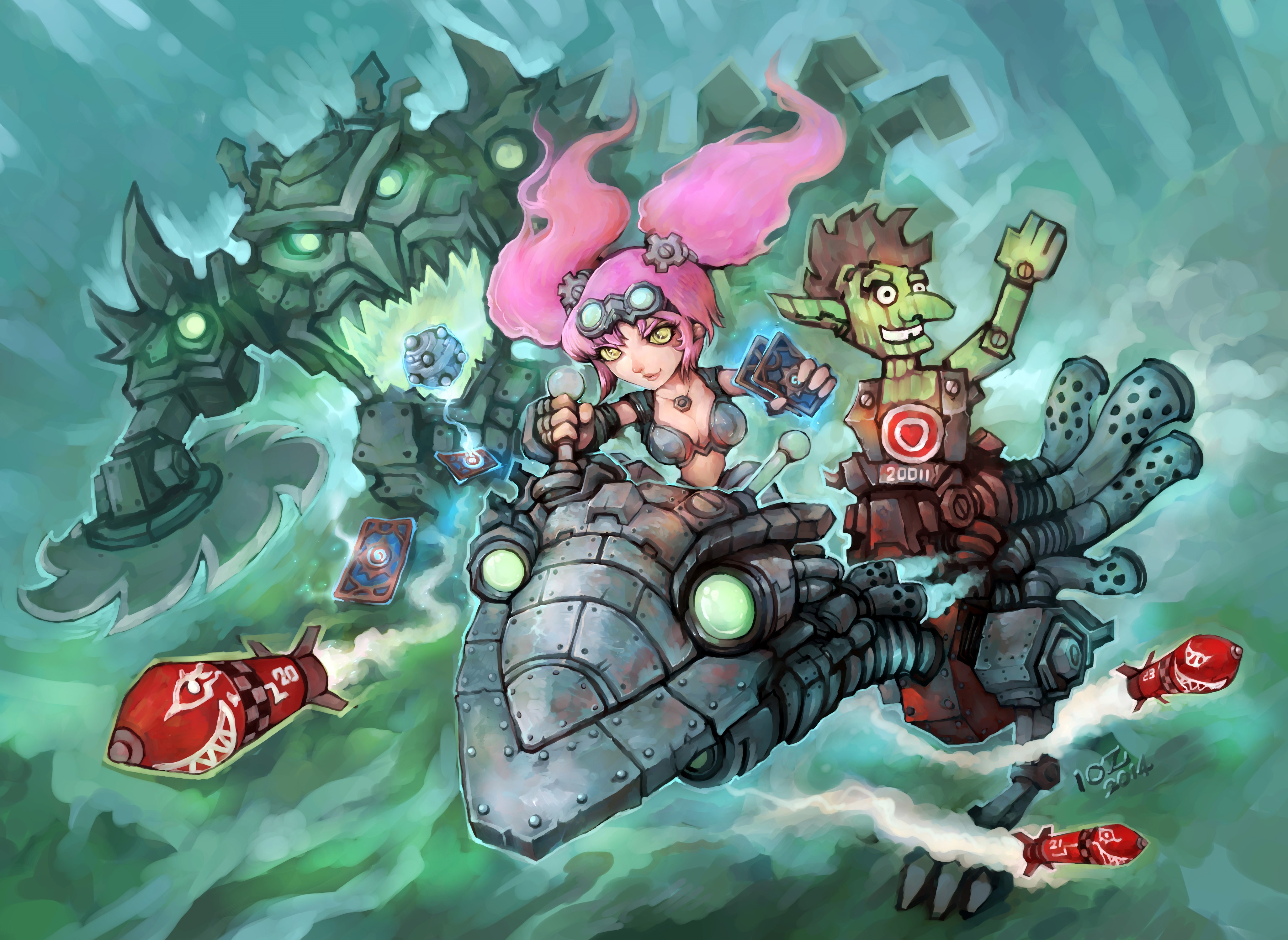 Hearthstone Goblin and Girl on Mech HD Wallpaper