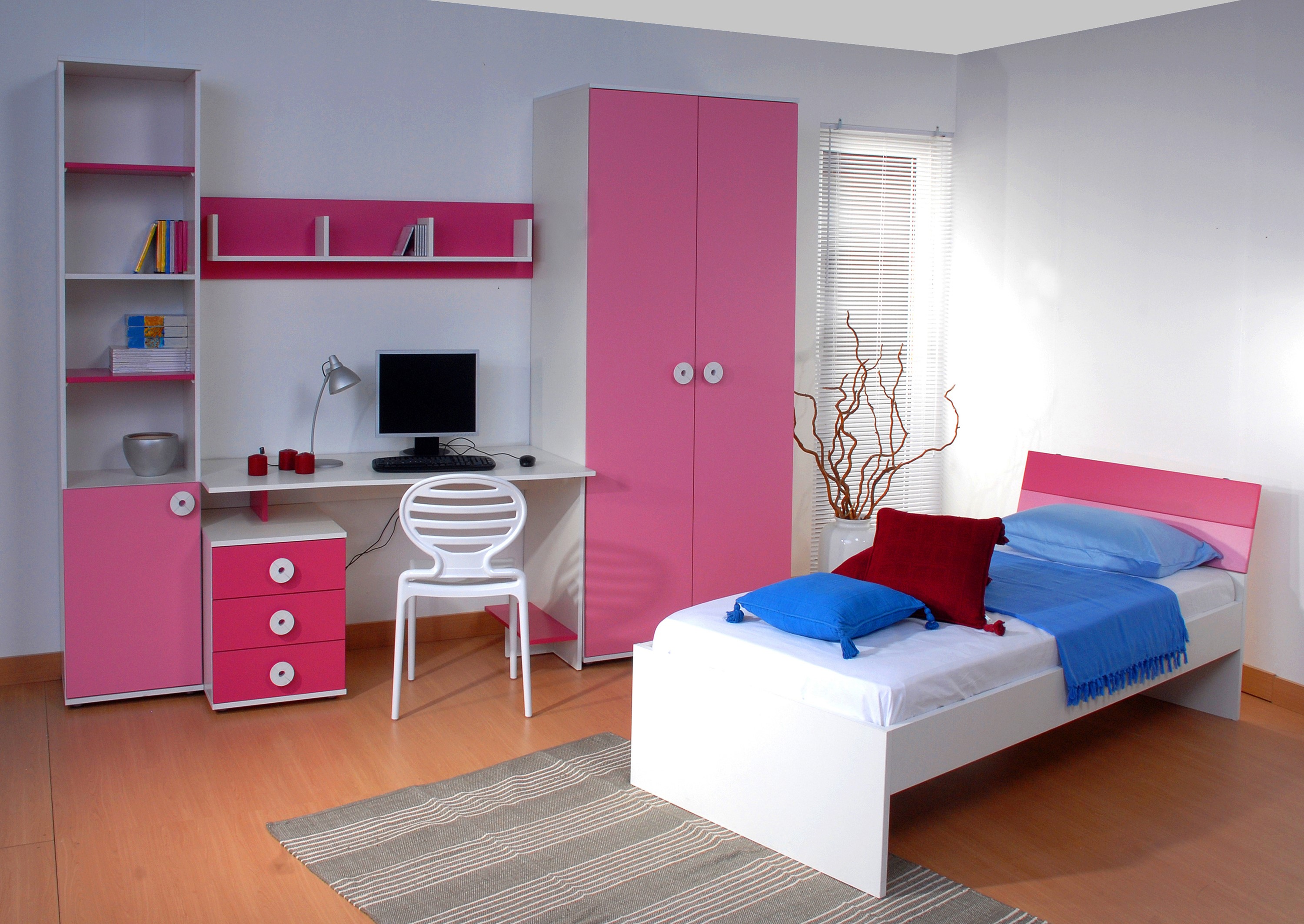 Children's room interior with pink and white furniture HD Wallpaper