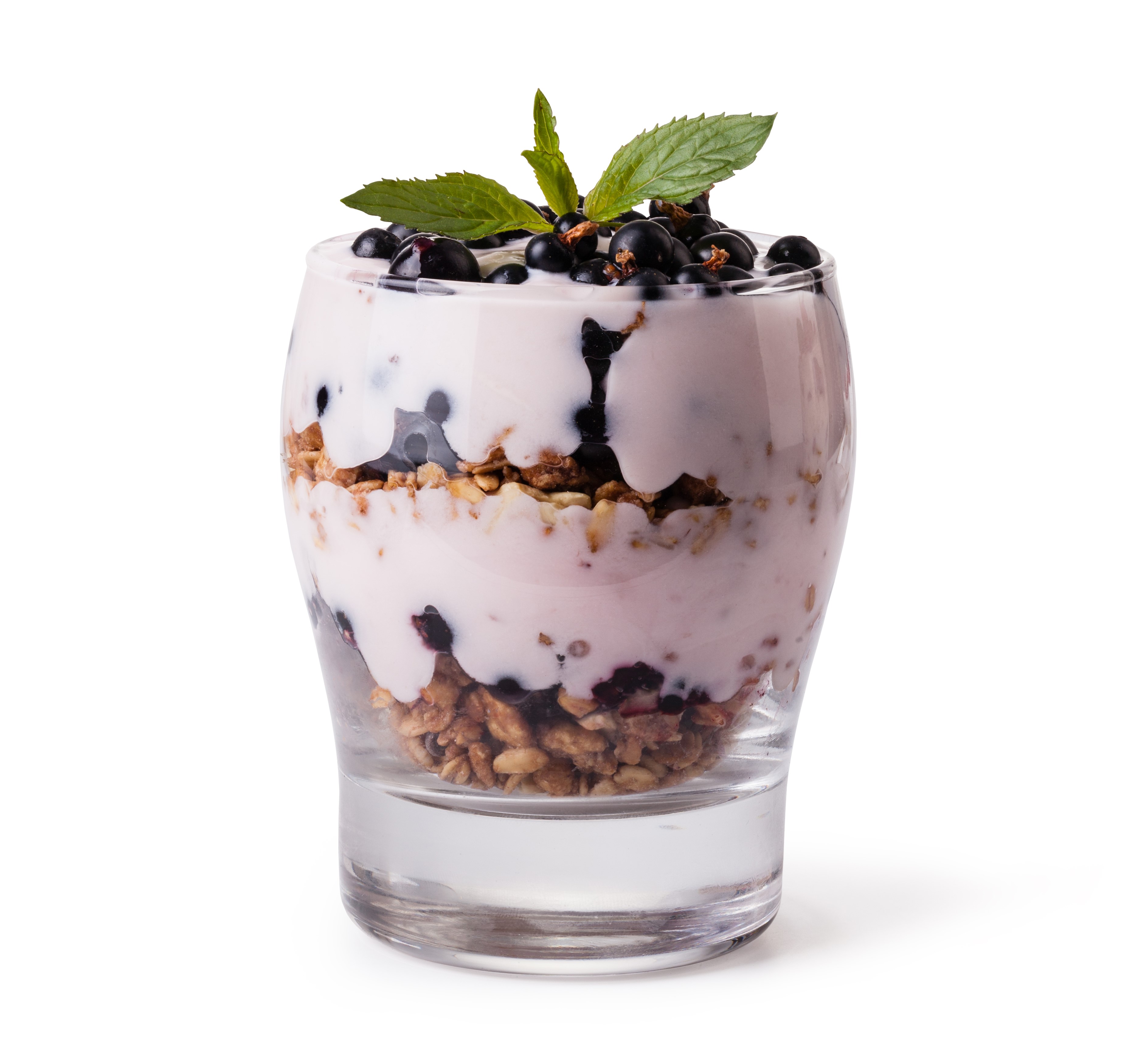 Yogurt parfait with muesli, currants, and mint in a glass HD Wallpaper
