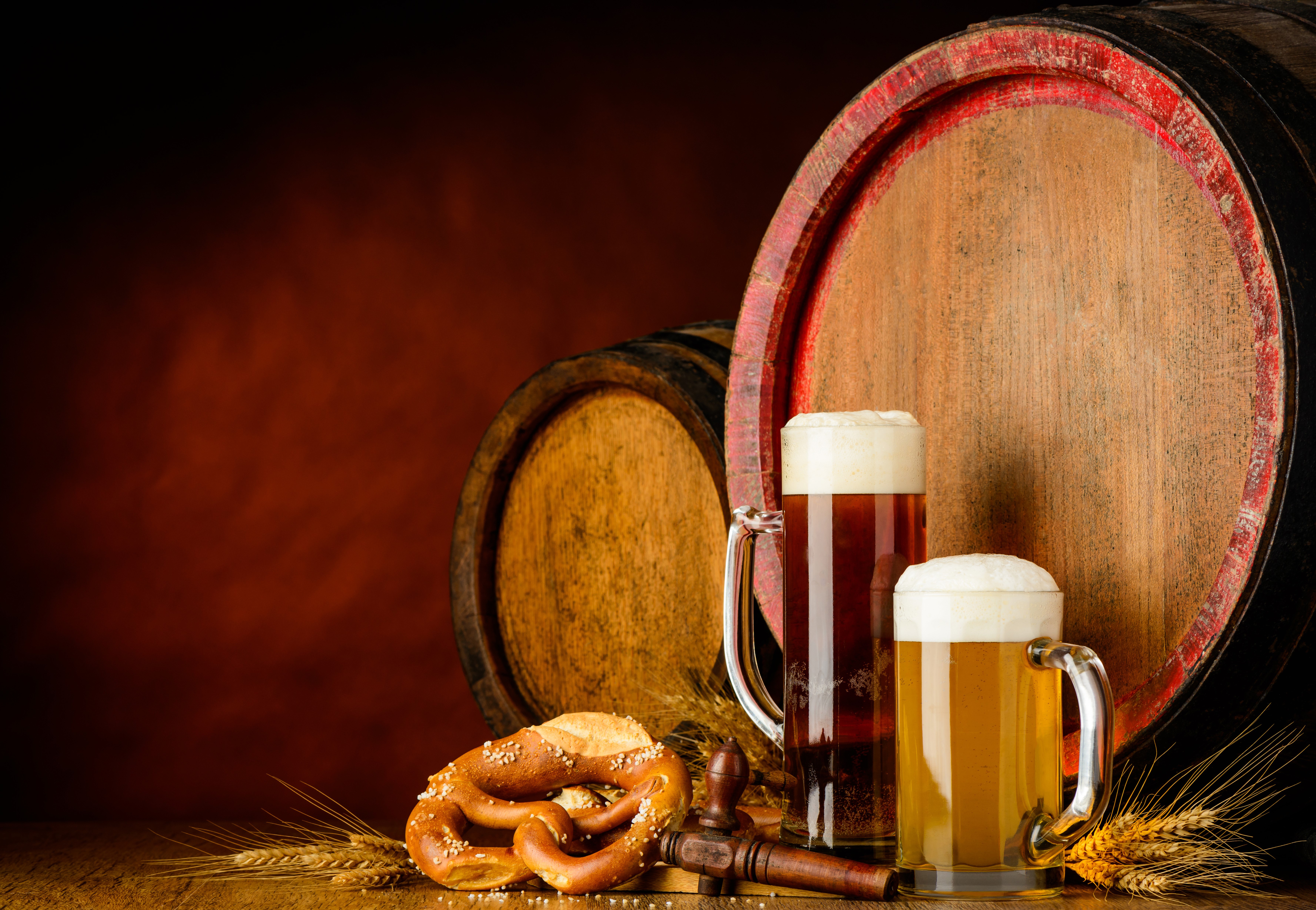 Beer Barrels, Mugs of Beer, and Pretzels HD Wallpaper