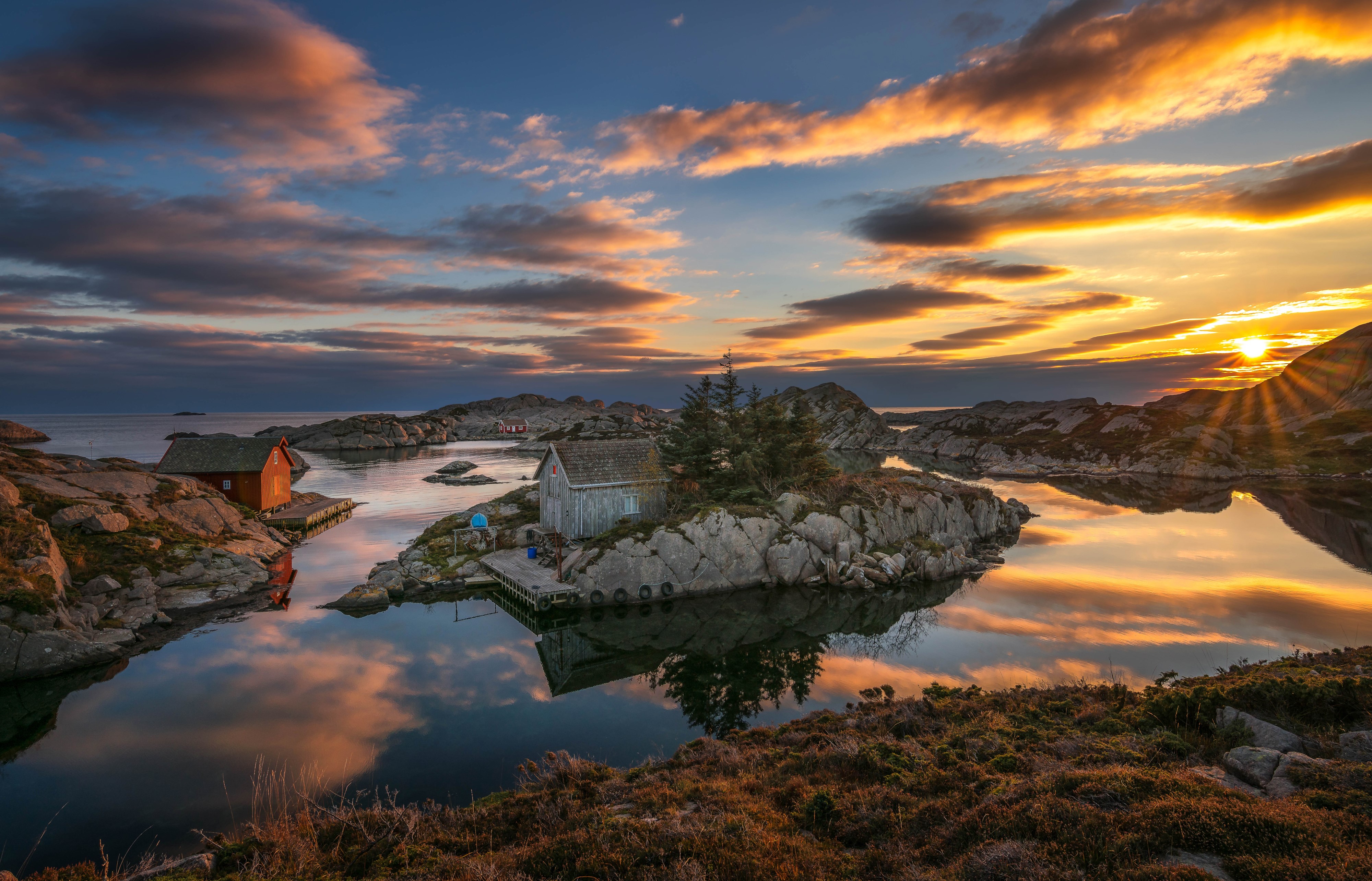 Sunset over islands with houses in Rogaland, Norway HD Wallpaper