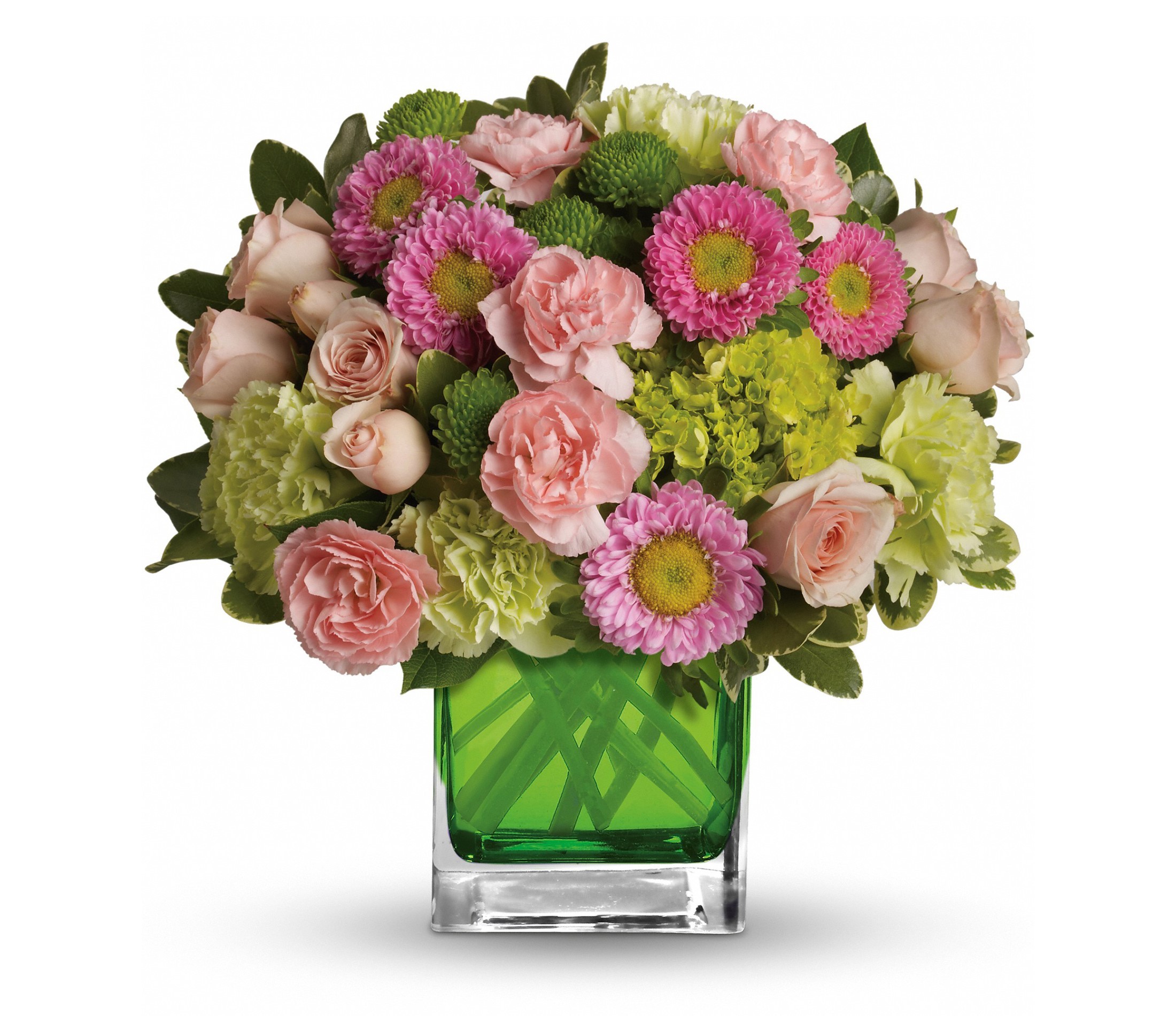 Pink and green floral arrangement in a green vase HD Wallpaper
