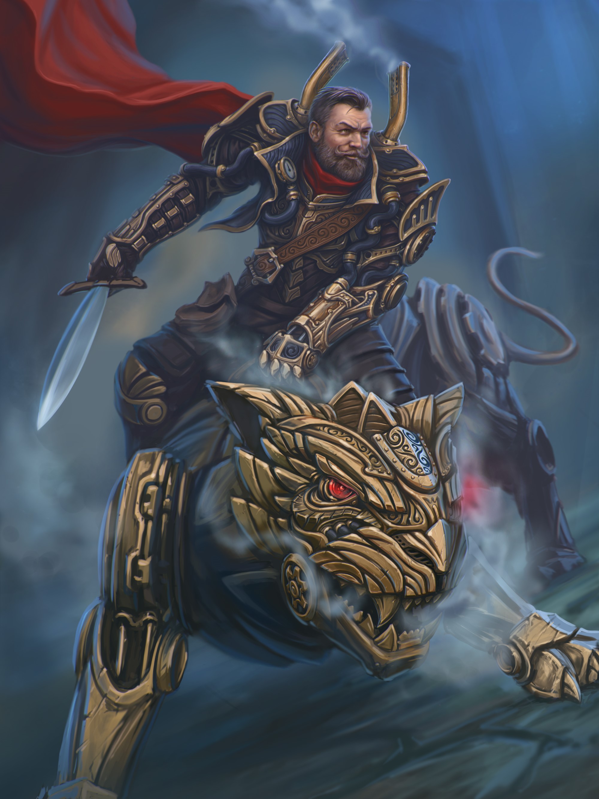 Warrior riding a steampunk tiger with a sword HD Phone Wallpaper