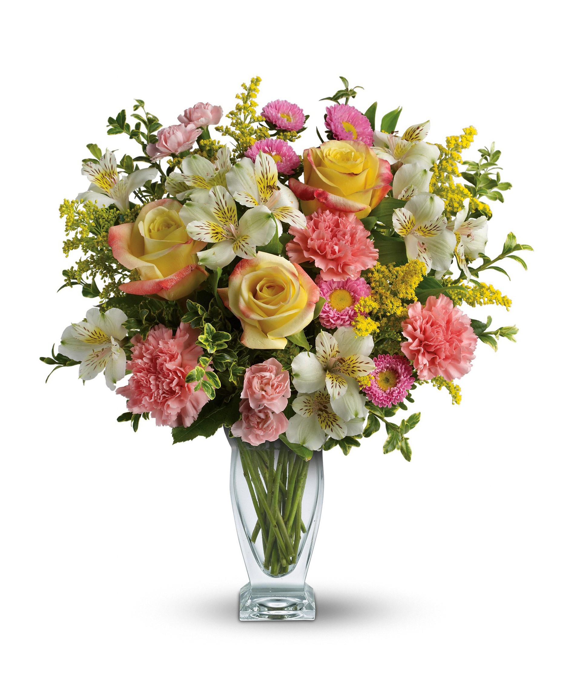 Yellow Roses and Pink Carnations Flower Bouquet in Vase HD Phone Wallpaper