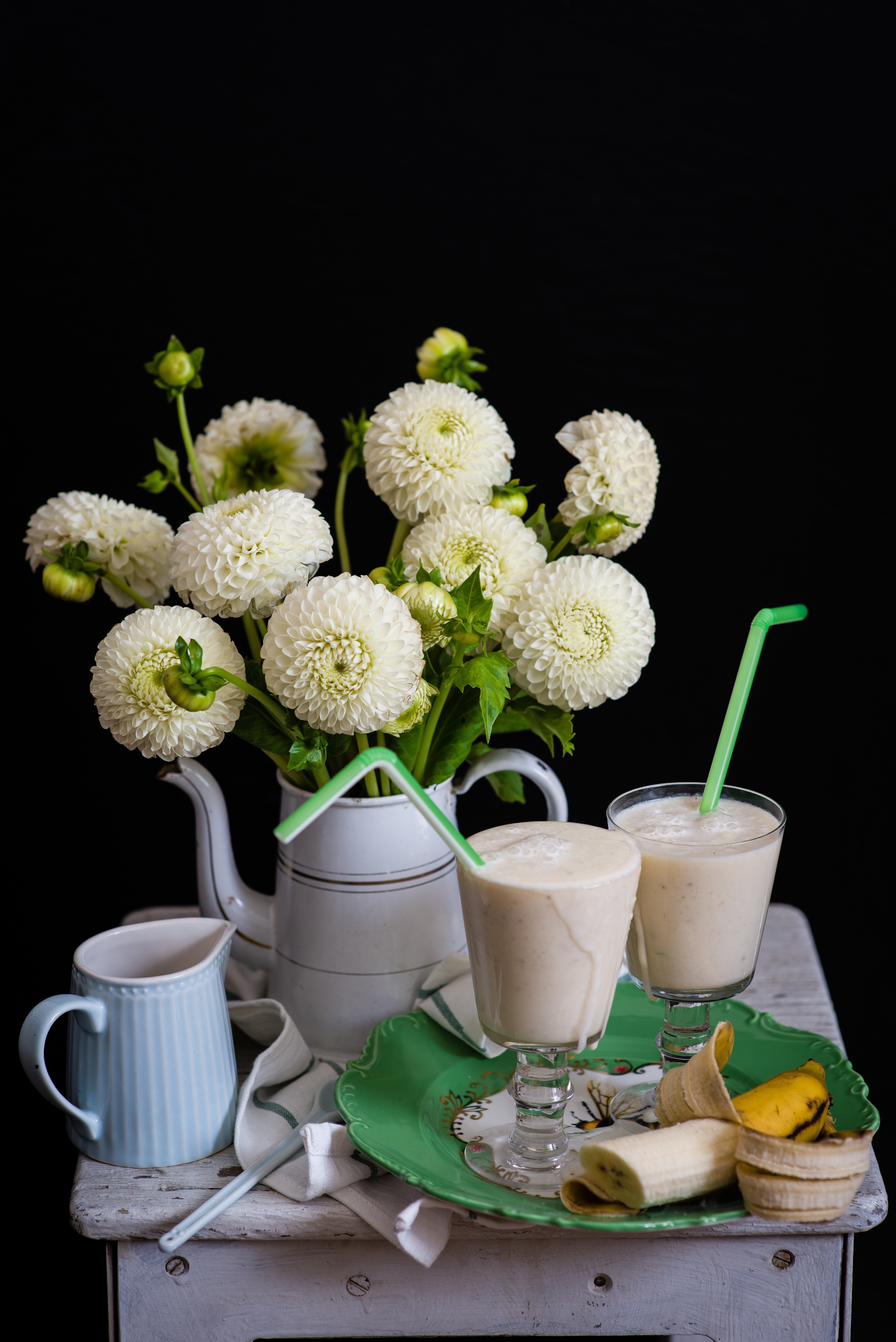 Still-life of Dahlias and Banana Smoothies HD Phone Wallpaper