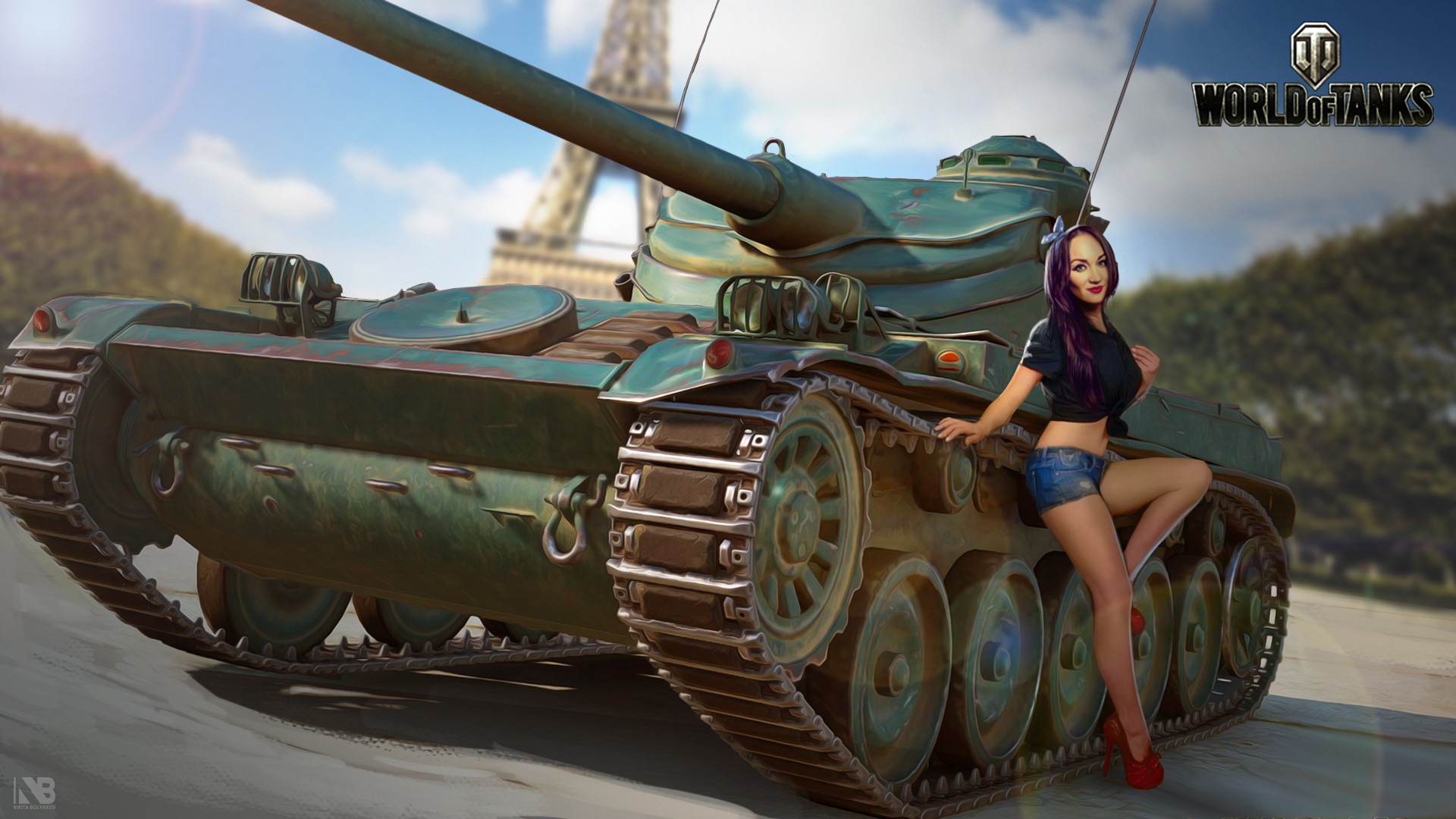 Woman posing with AMX 13 90 tank in World of Tanks HD Wallpaper