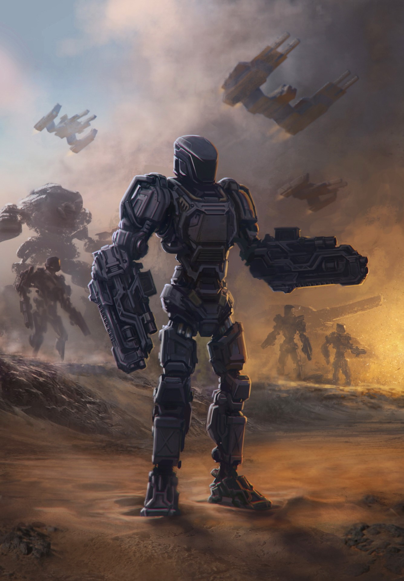 Giant robot with weapons in a desert landscape HD Phone Wallpaper