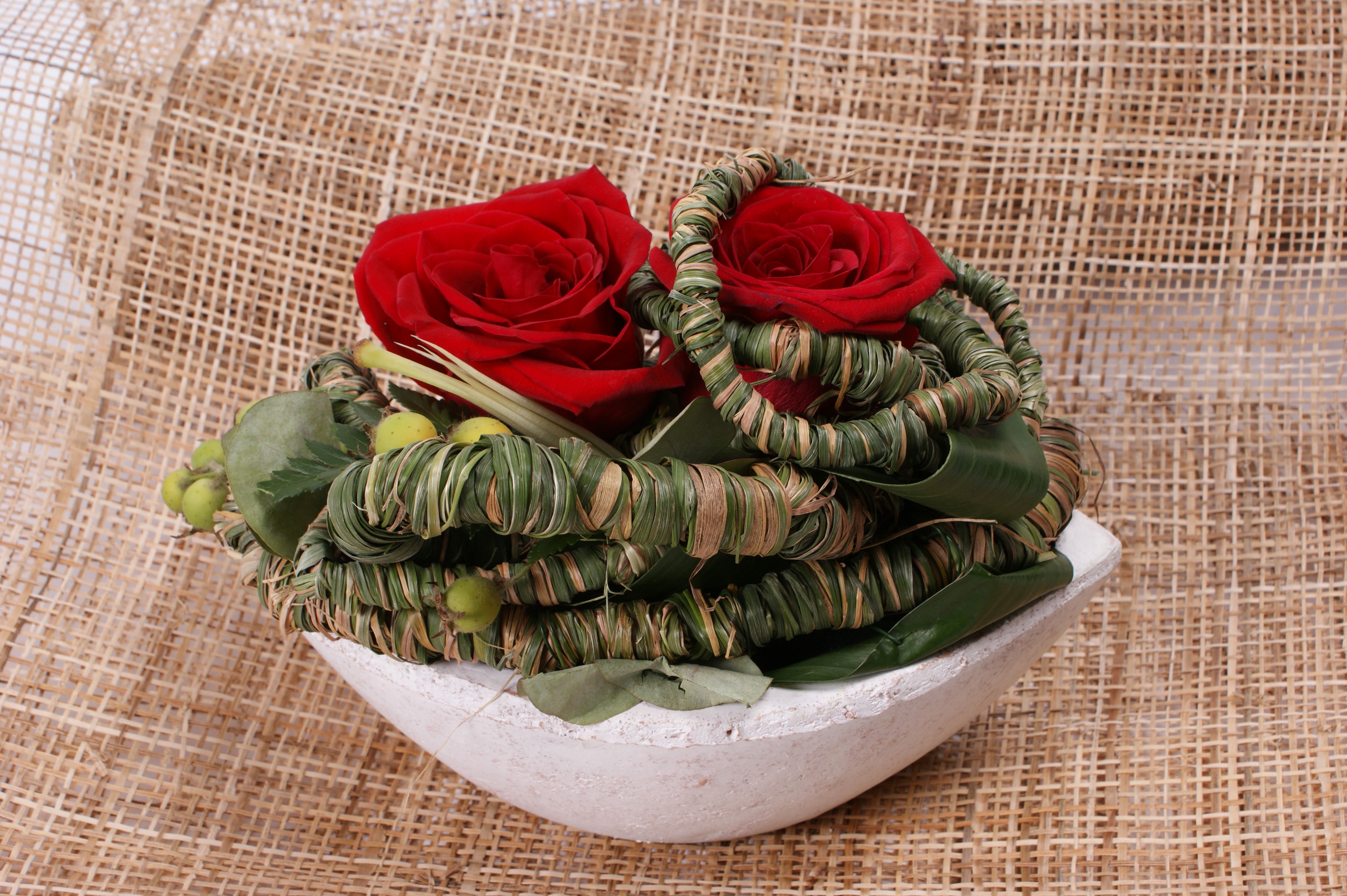 Two Red Roses in a White Bowl Arrangement HD Wallpaper
