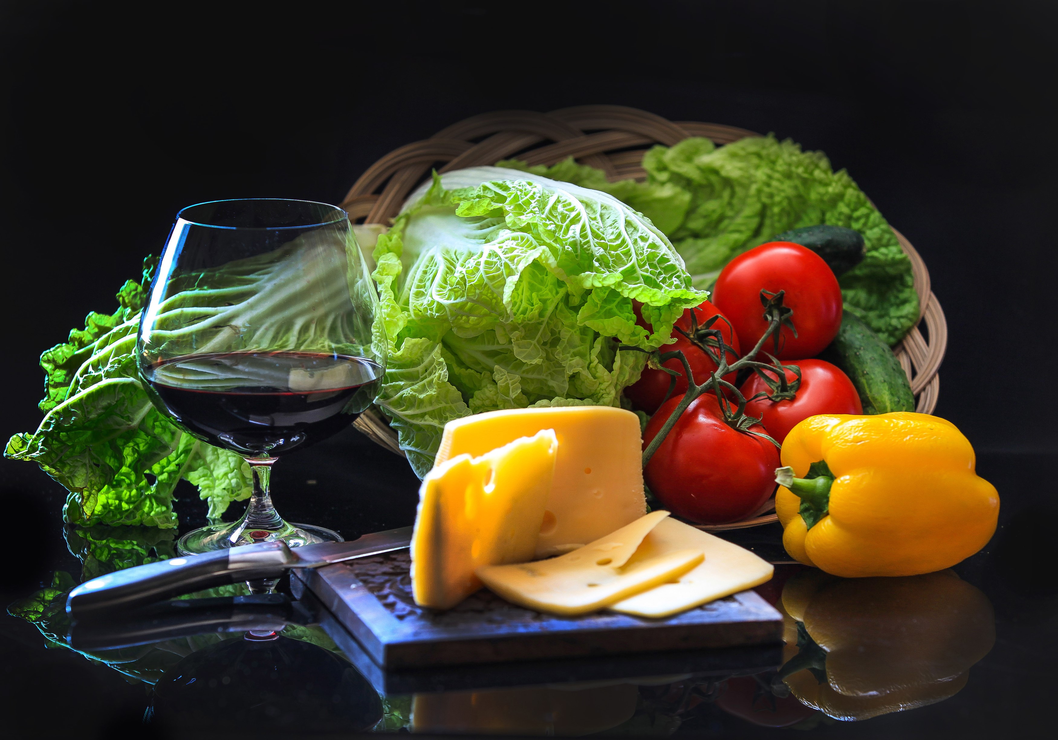 Still life with vegetables, cheese, and red wine HD Wallpaper