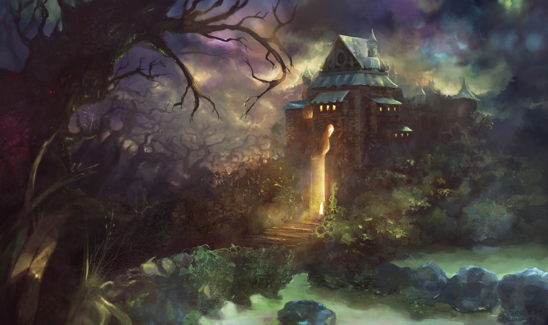 Fantasy houses in a dark, mystical forest HD Wallpaper