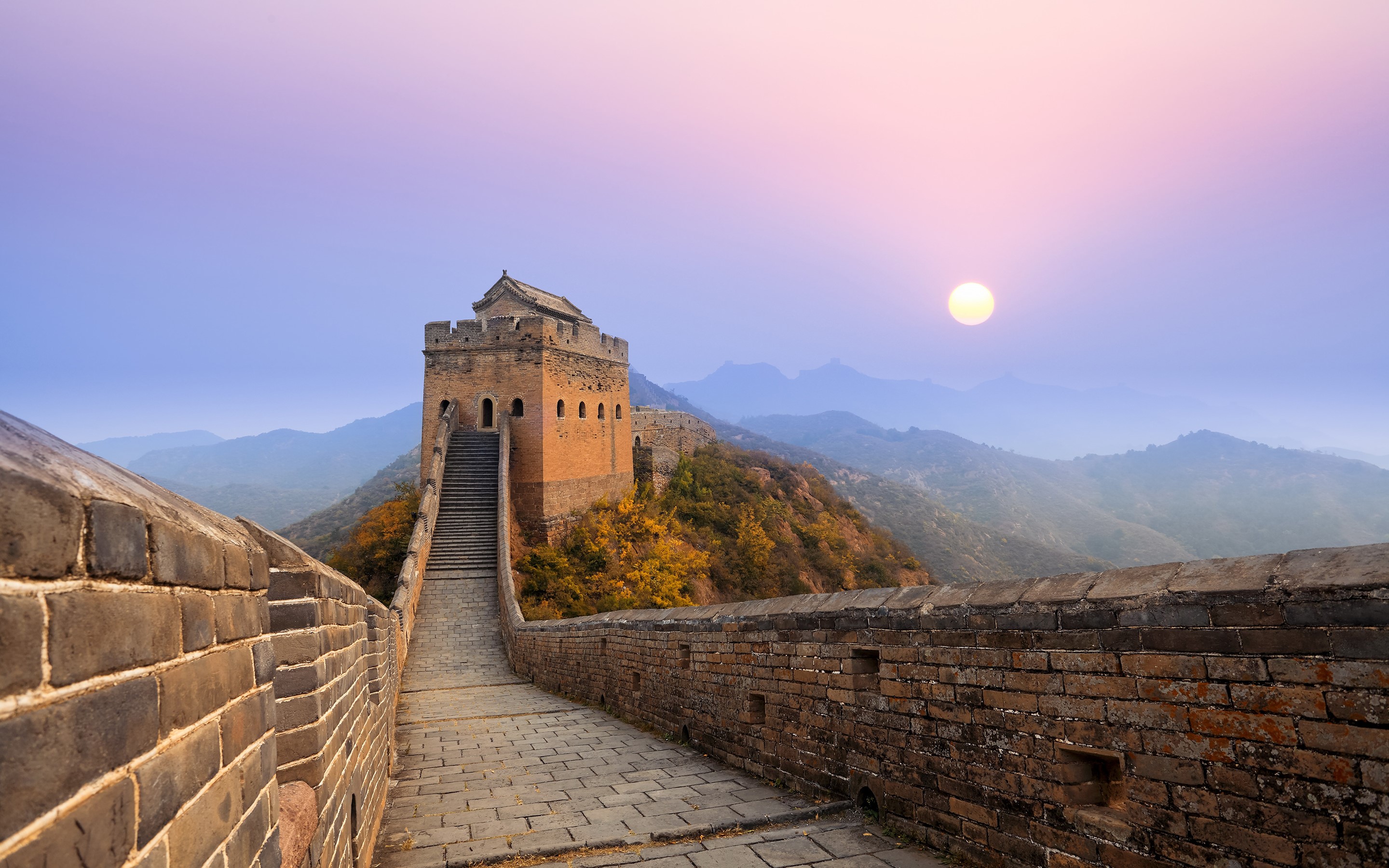The Great Wall of China at sunrise with mountains HD Wallpaper
