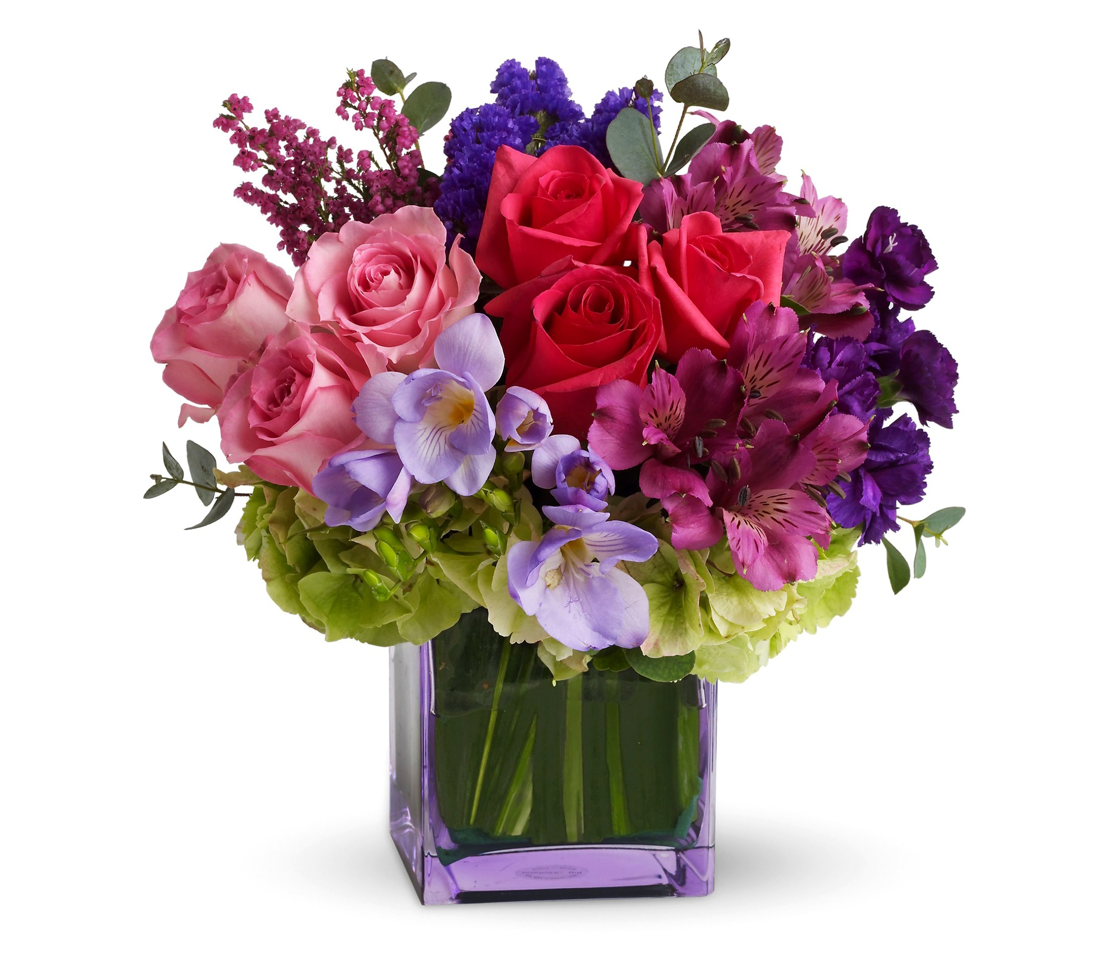 Pink and Red Roses with Purple and Green Flowers in a Vase HD Wallpaper