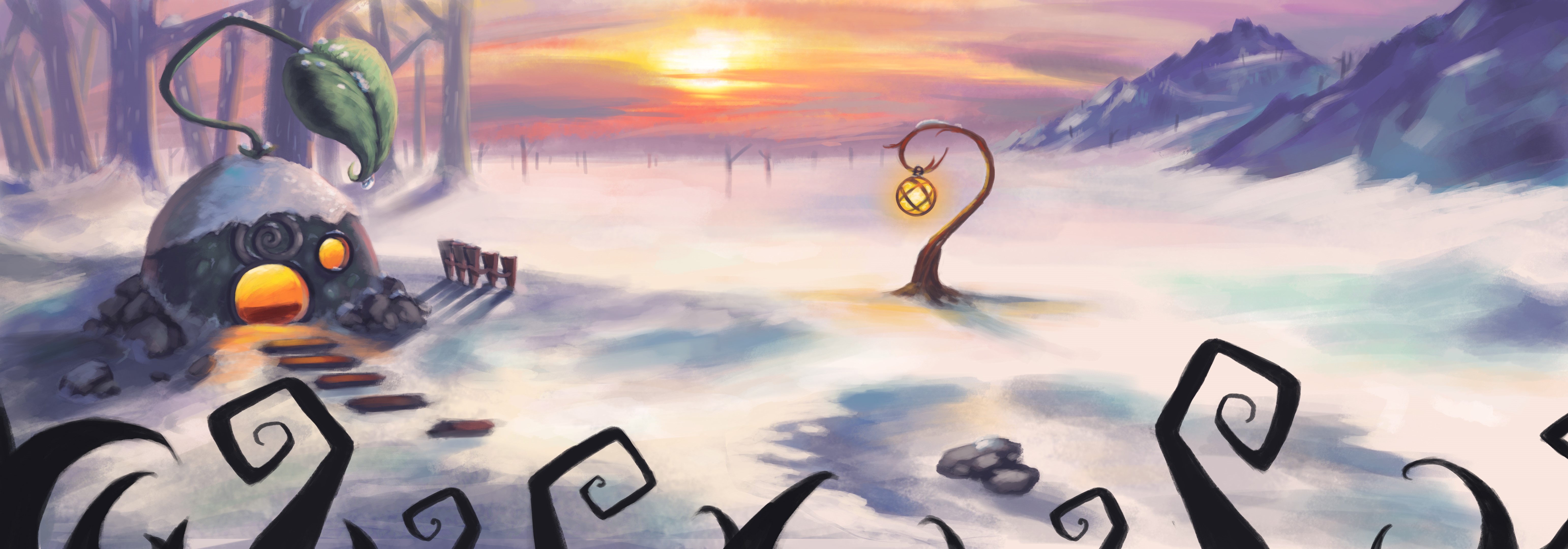 Fantastic world snow landscape with a house and a lantern tree HD Wallpaper