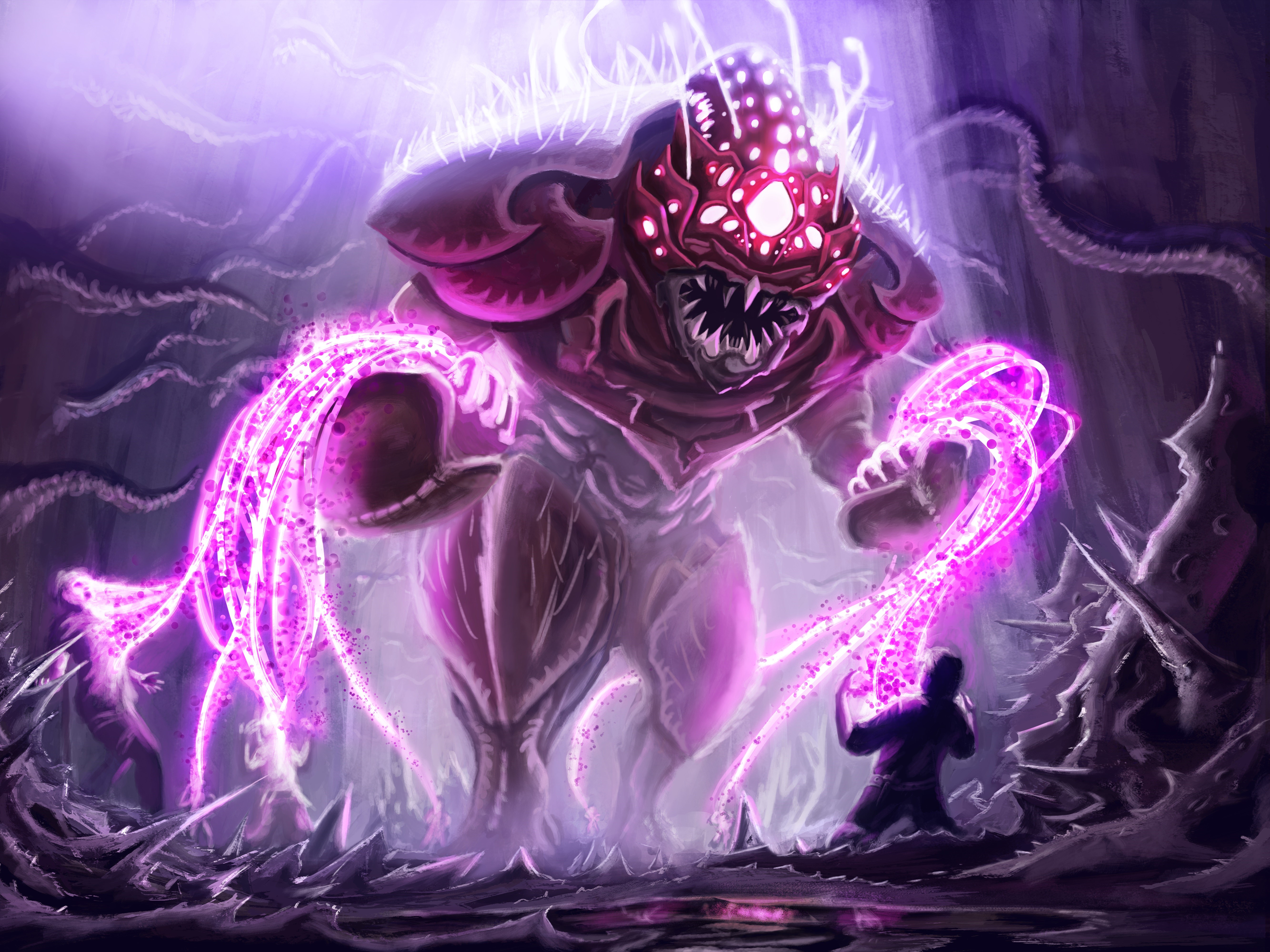 Monster using magic against a person HD Wallpaper
