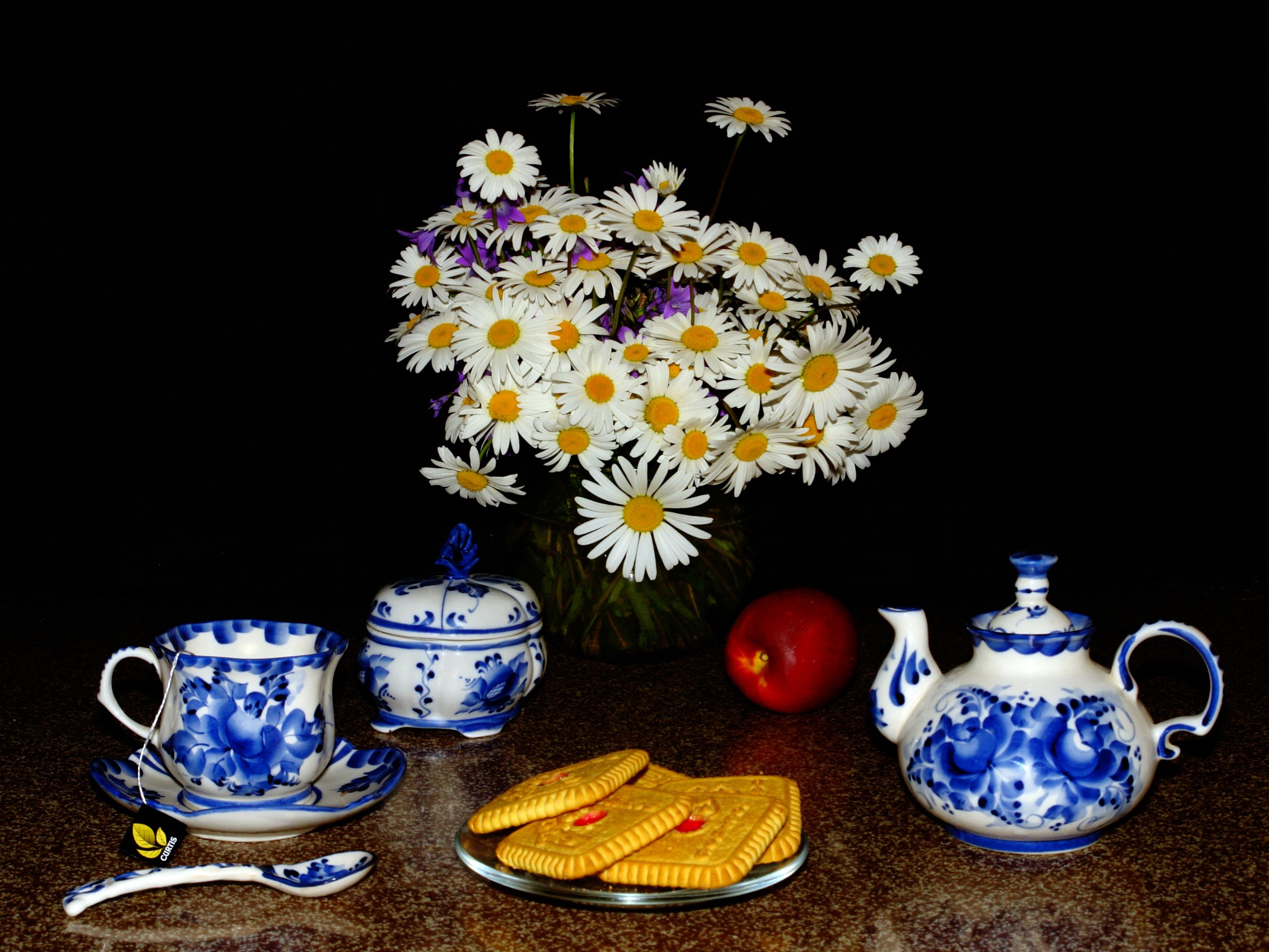 Still life with daisies, tea set, cookies, and apple HD Wallpaper