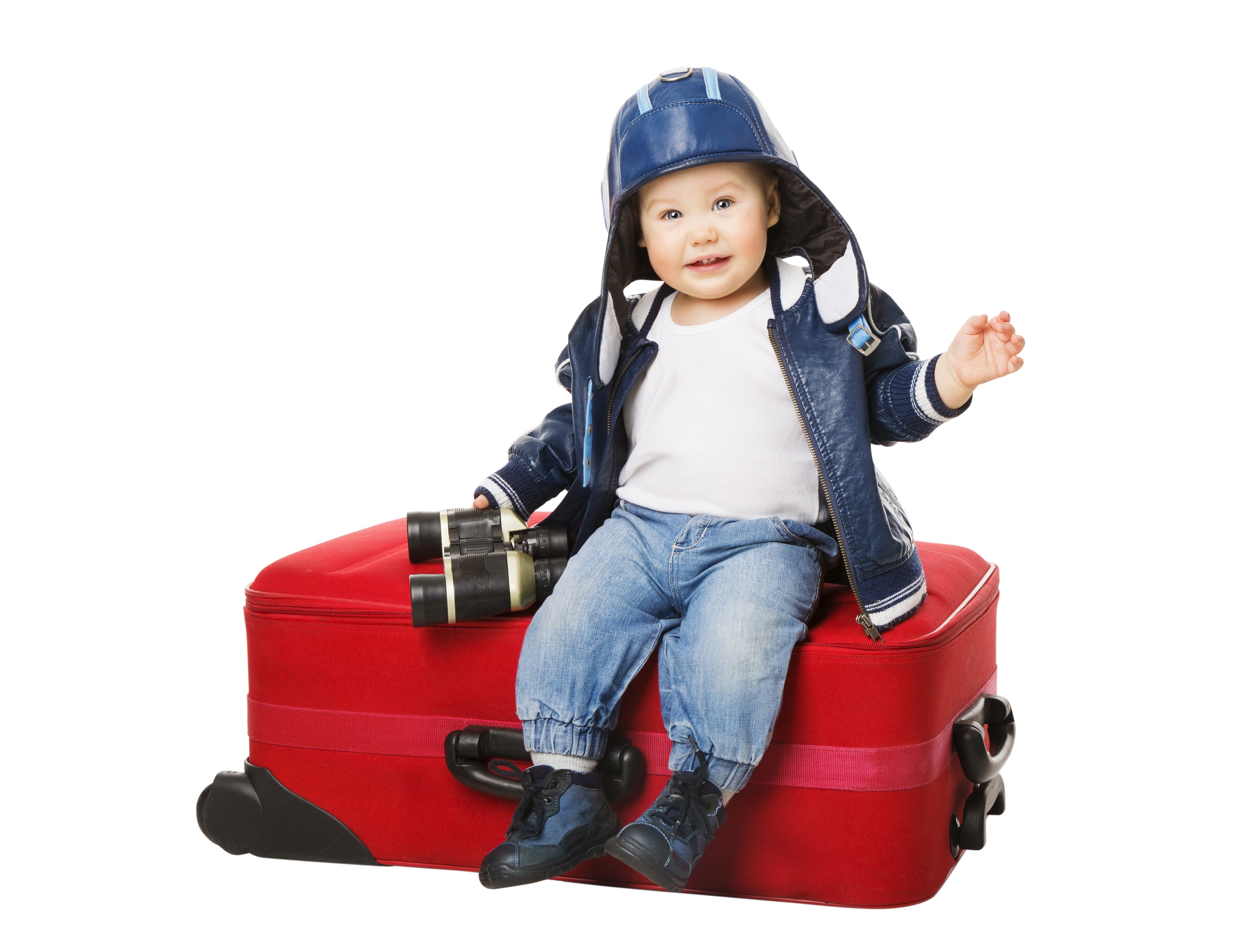 Baby in winter hat and jacket on suitcase with binoculars HD Wallpaper