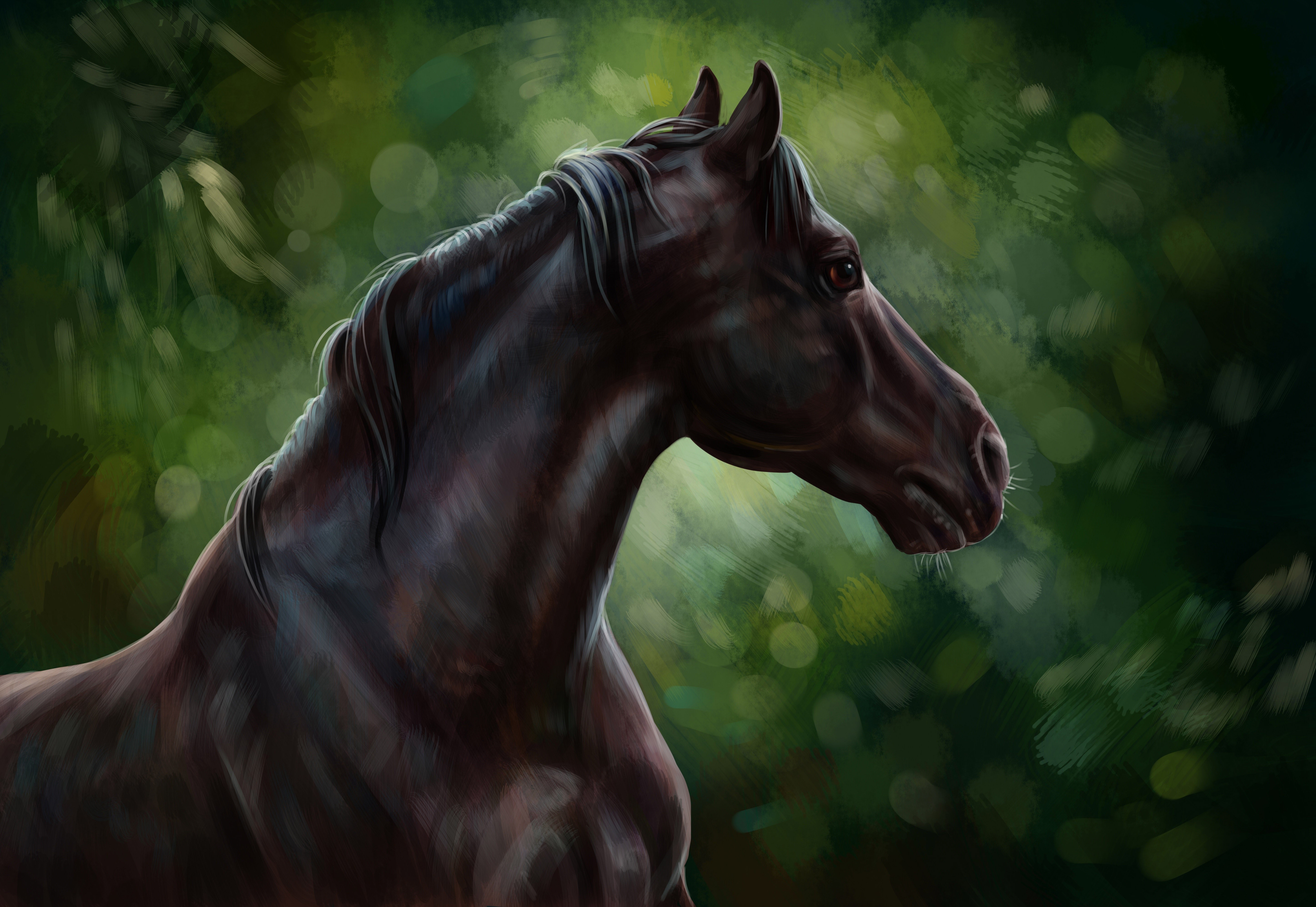 Painting of a dark horse in a forest HD Wallpaper