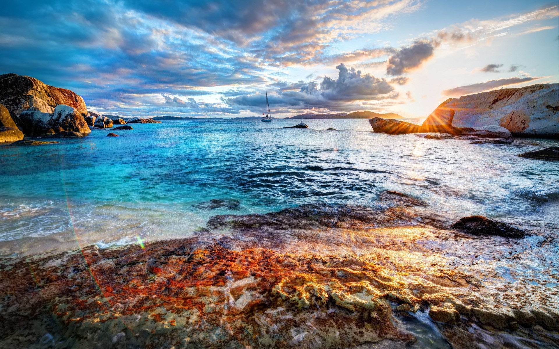 Sunset over a rocky beach with turquoise water HD Wallpaper