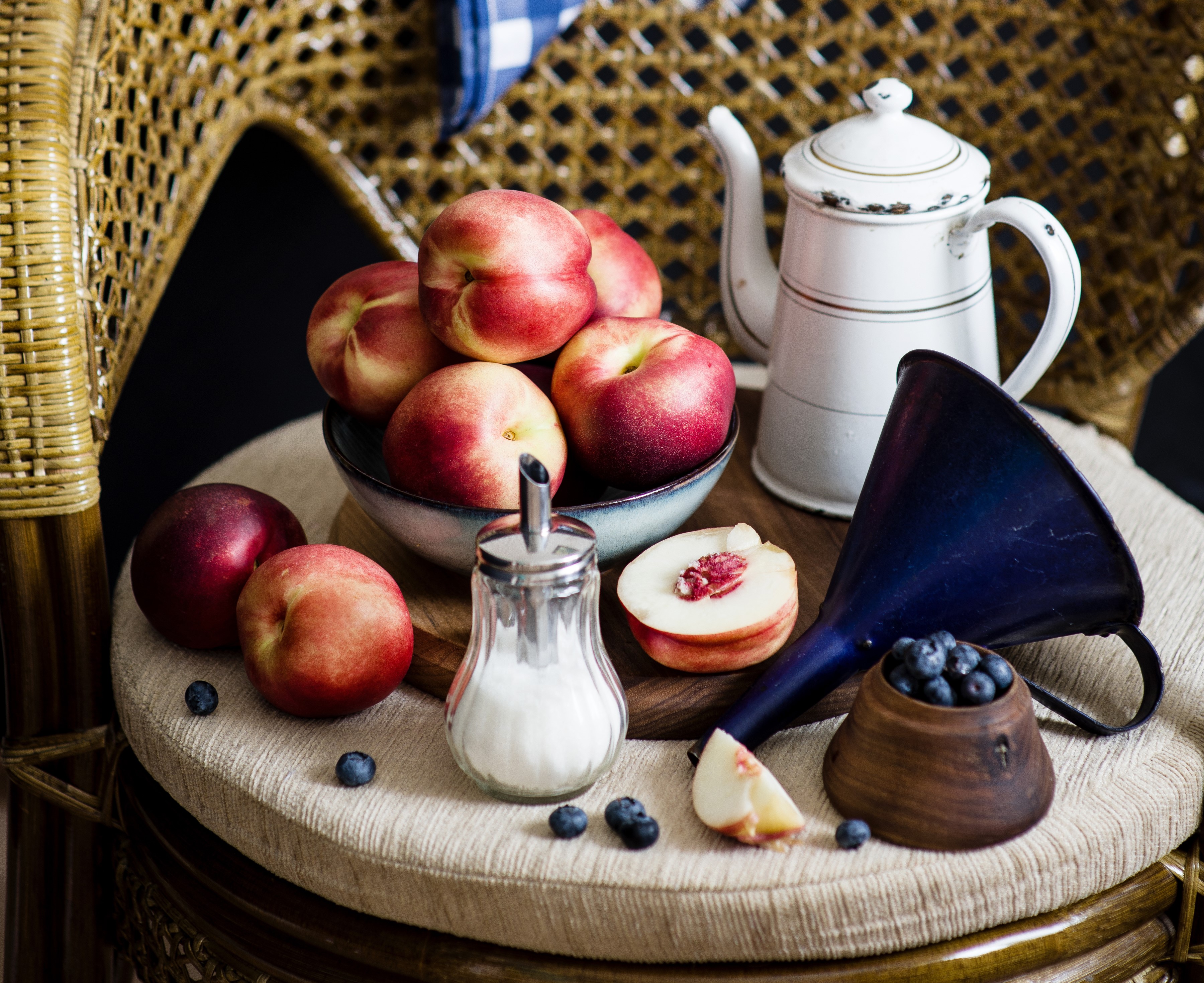 Still-life with kettle, peaches, and blueberries HD Wallpaper