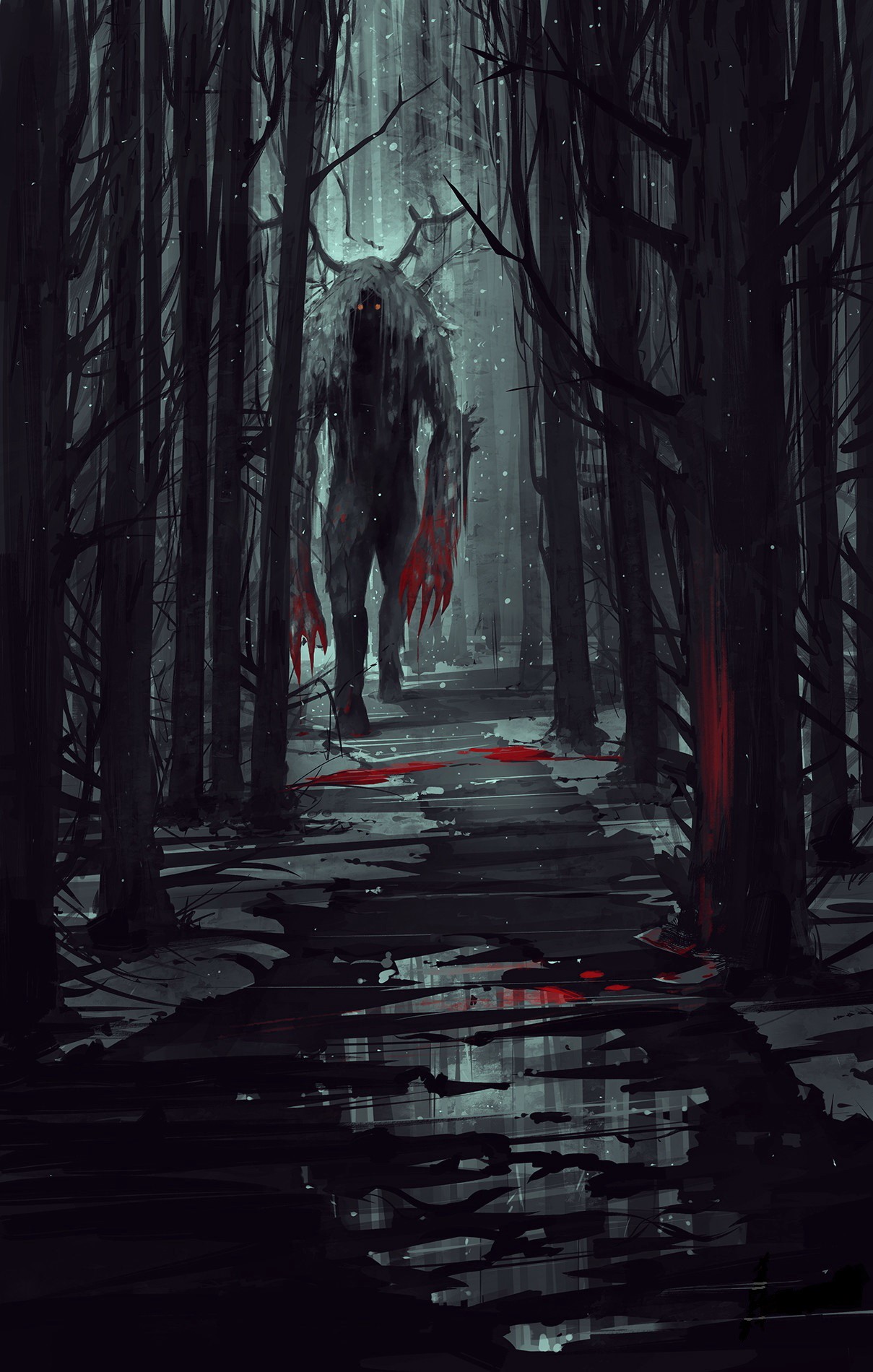 Monster with bloody hands in a dark forest HD Phone Wallpaper