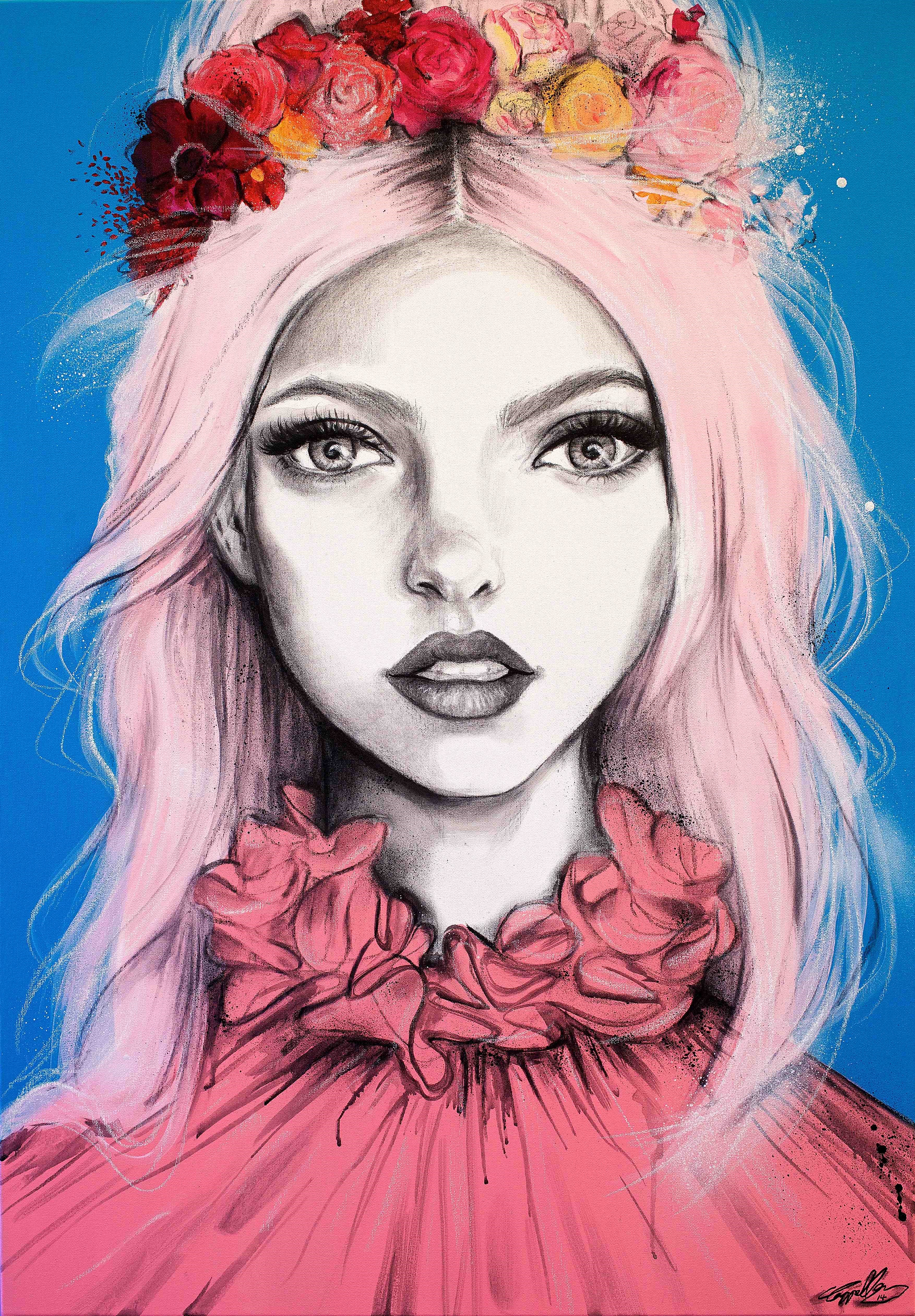 Painting of a woman with pink hair and a flower crown HD Phone Wallpaper