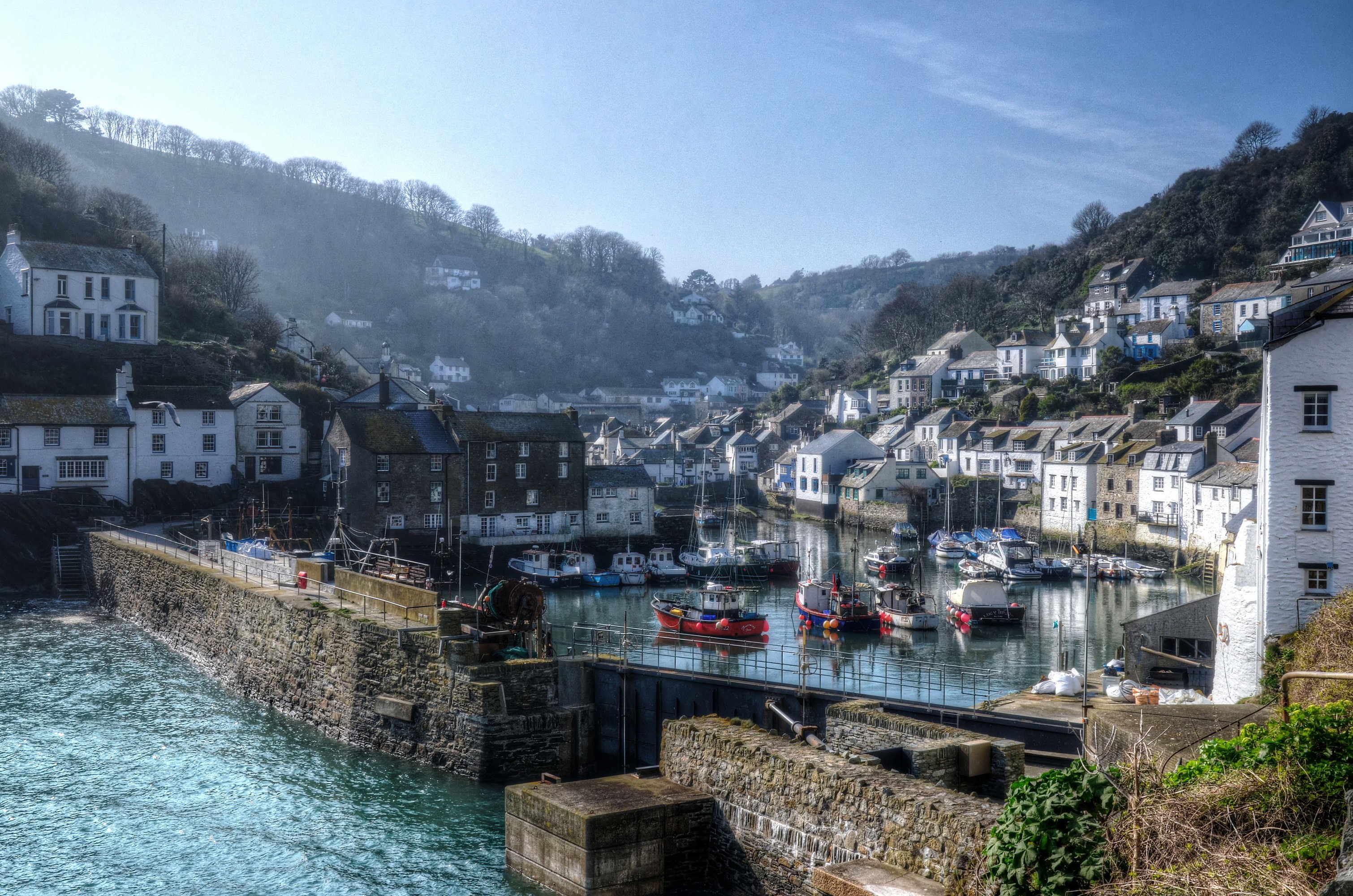 Polperro Cornwall United Kingdom harbor with boats and houses HD Wallpaper