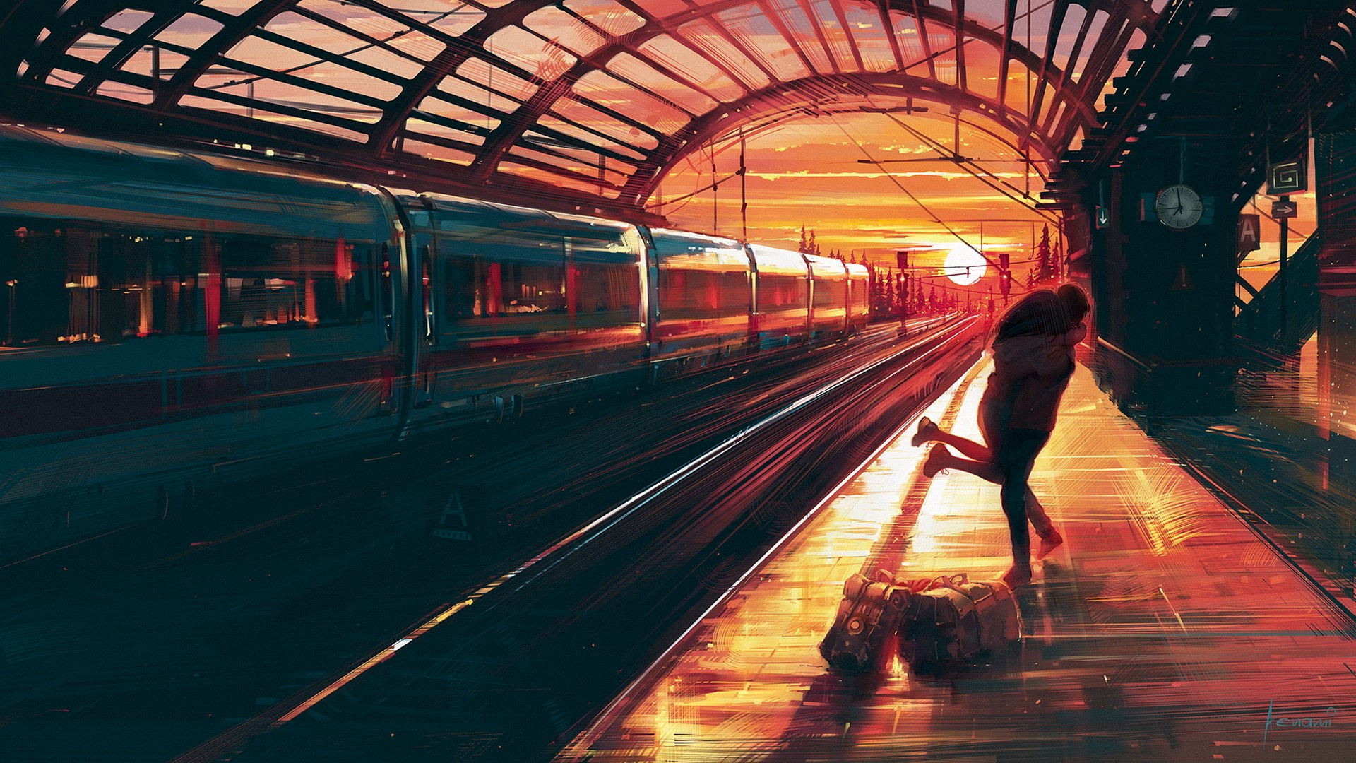 Couple embracing at train station during sunset HD Wallpaper