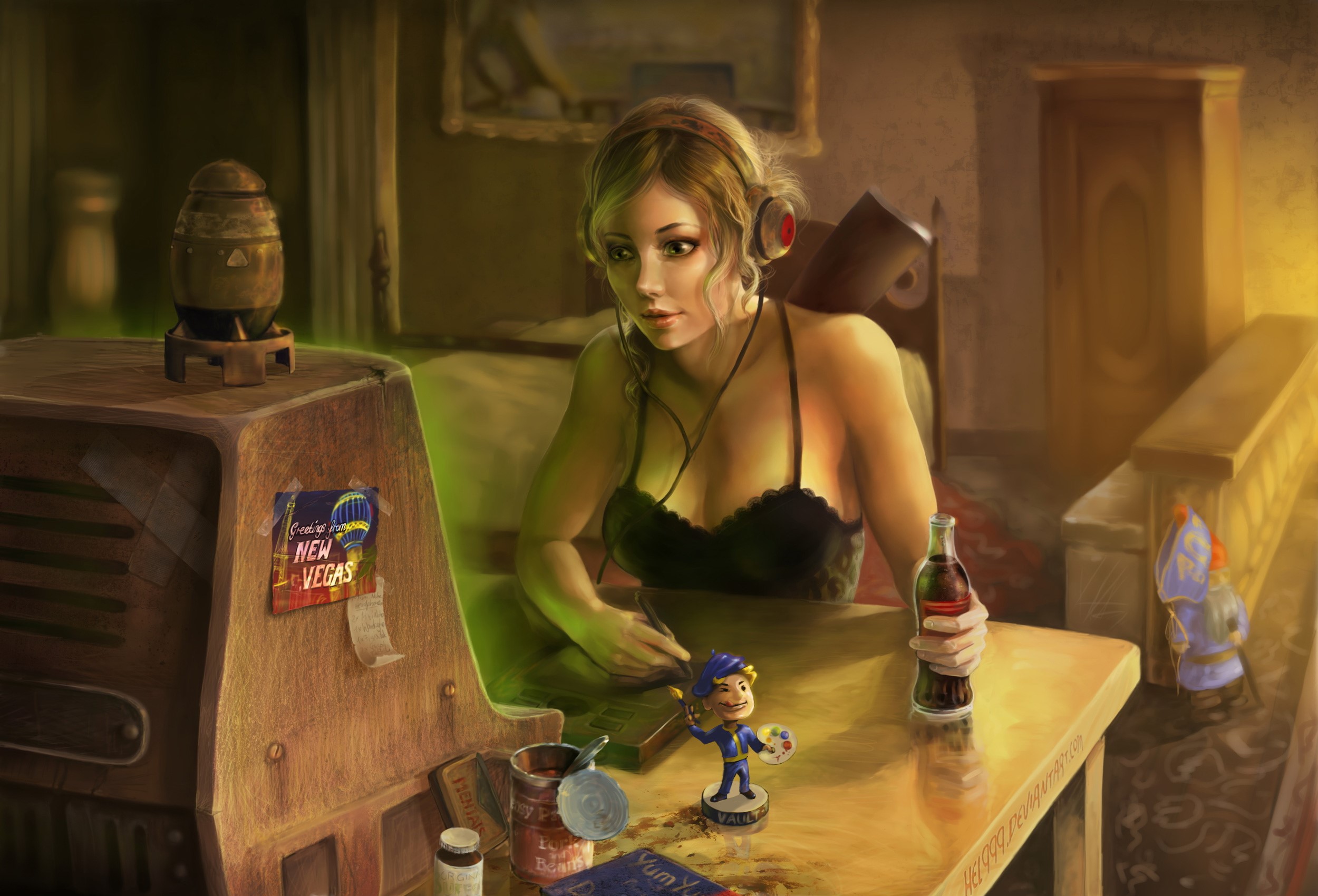 Woman with headphones and Coca-Cola in Fallout New Vegas setting HD Wallpaper