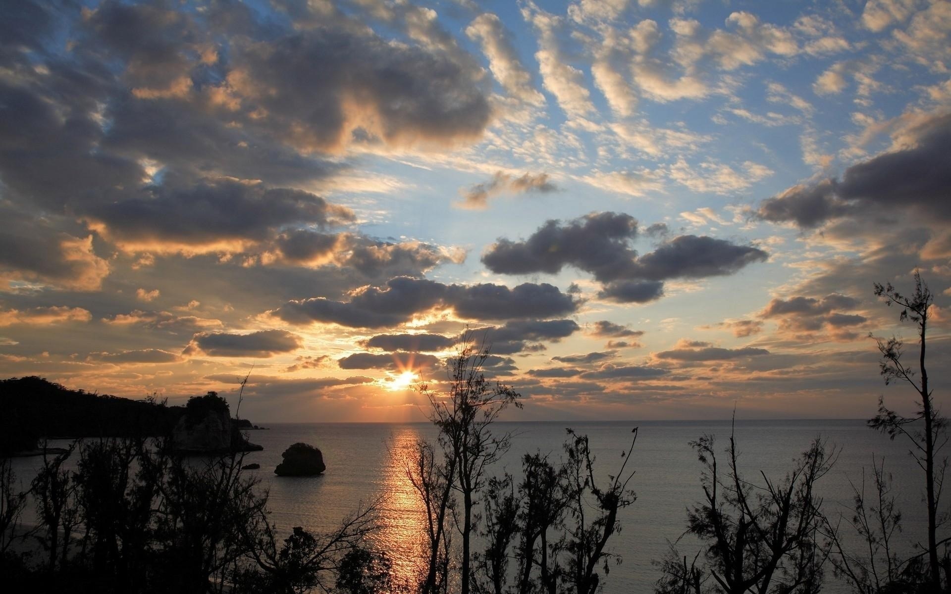 Sunset over the ocean with clouds and trees HD Wallpaper