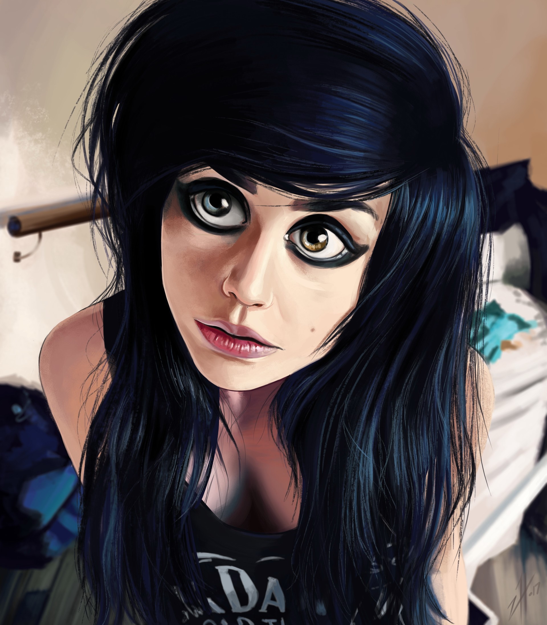 Painting of a brunette girl with dark hair and heavy eye makeup HD Wallpaper