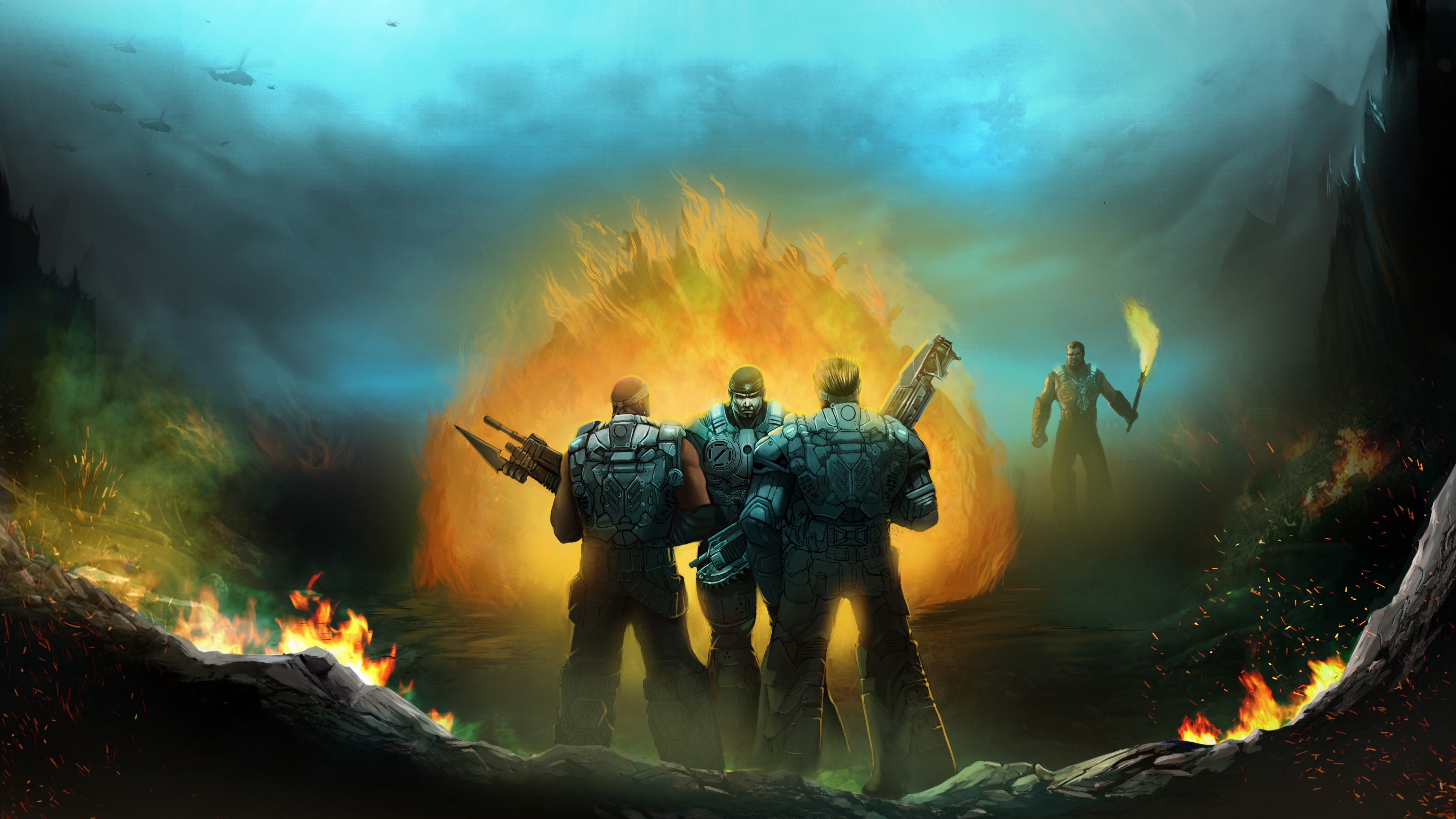 Warriors in front of a large fire in Gears of War HD Wallpaper