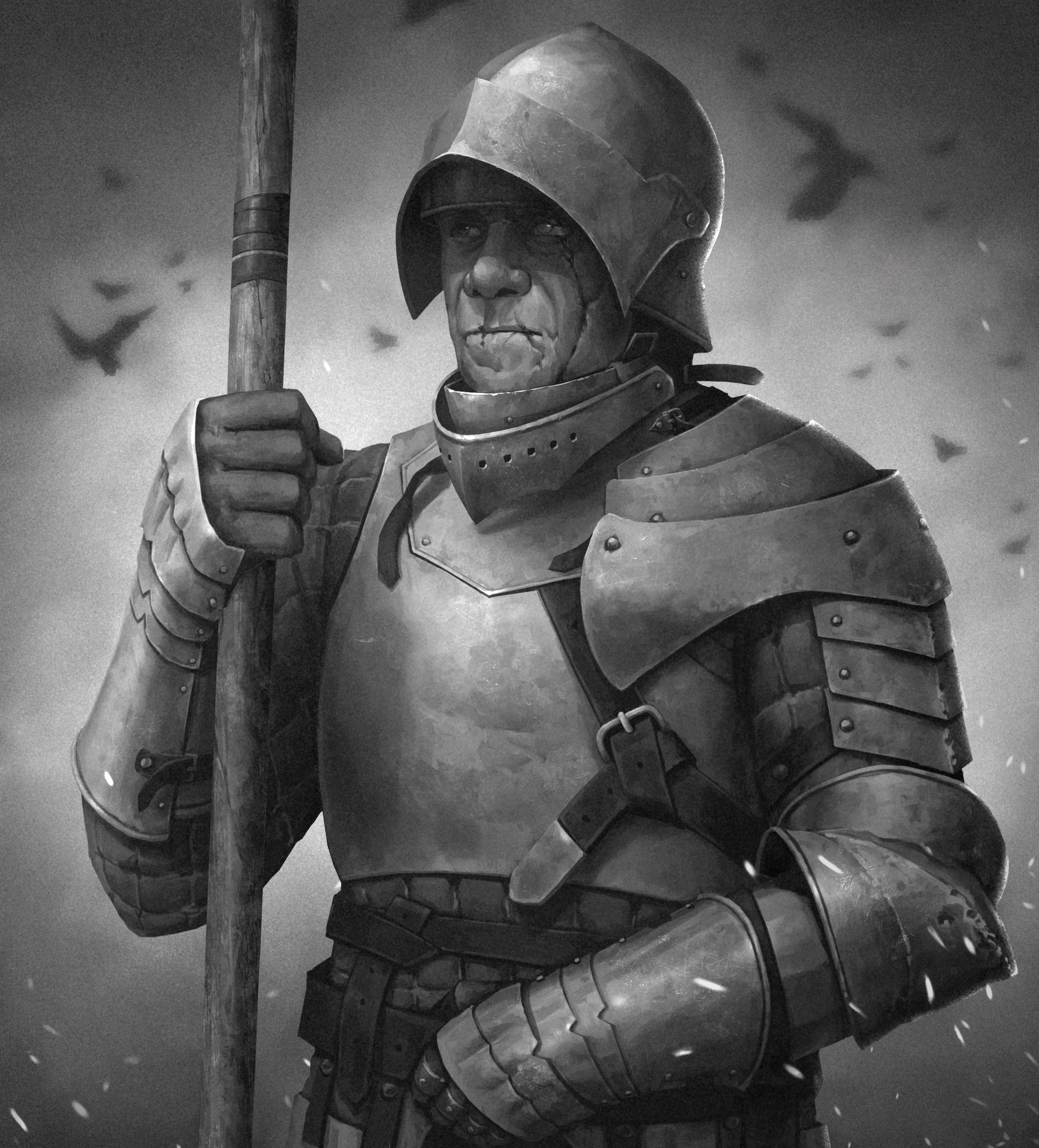 Black and white portrait of a knight in armor holding a spear HD Wallpaper