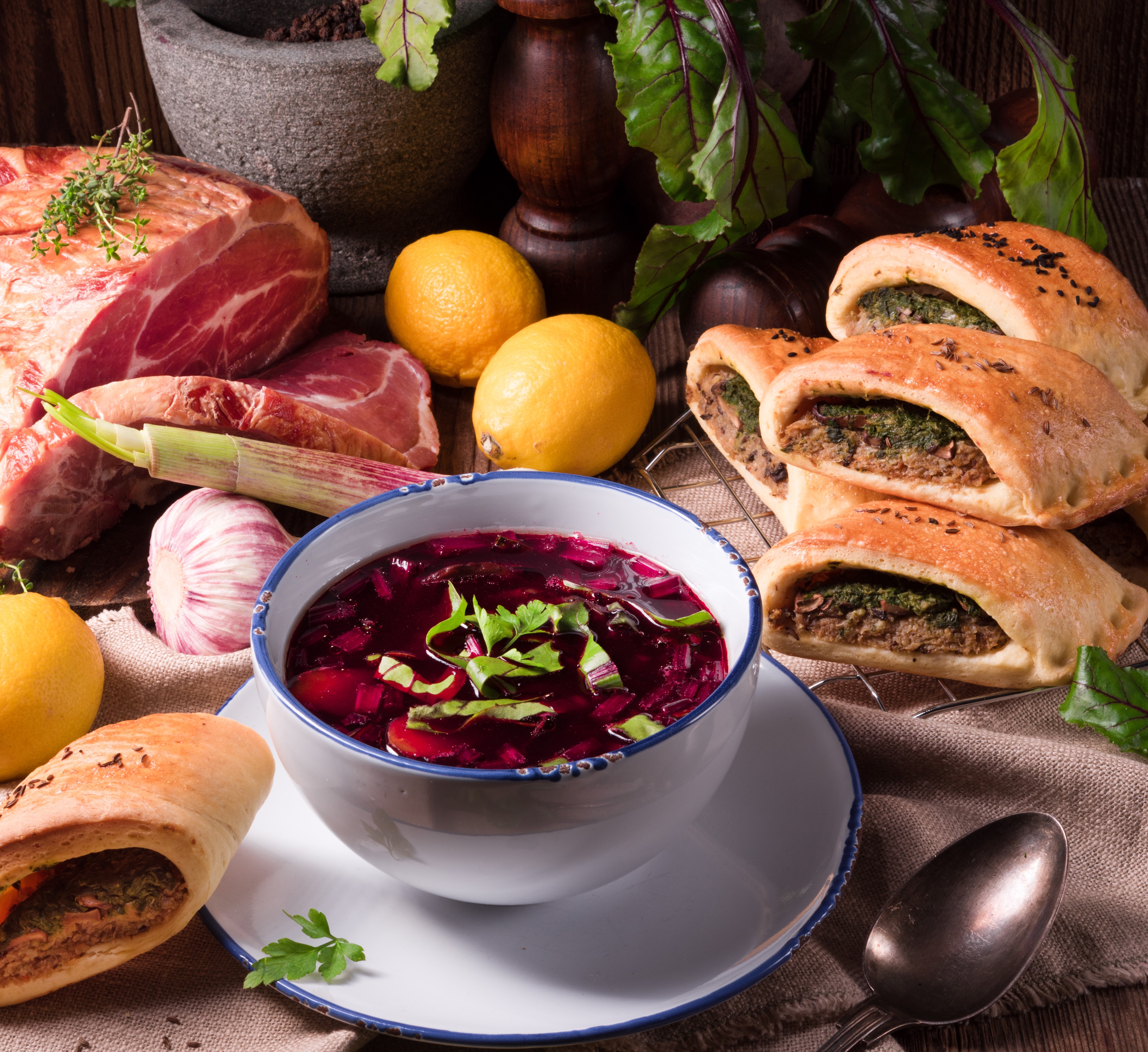 Beetroot Soup with Ham and Pastries HD Wallpaper