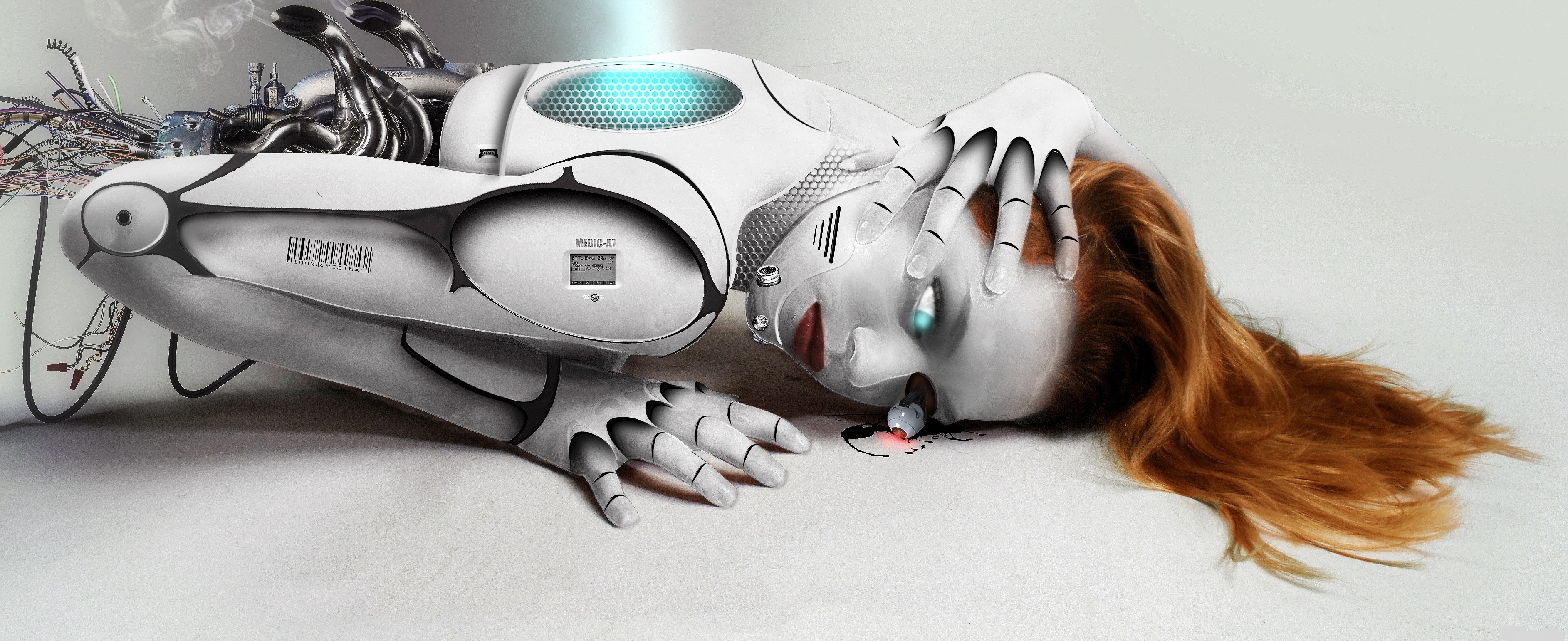 Robot with human-like features and red hair HD Wallpaper