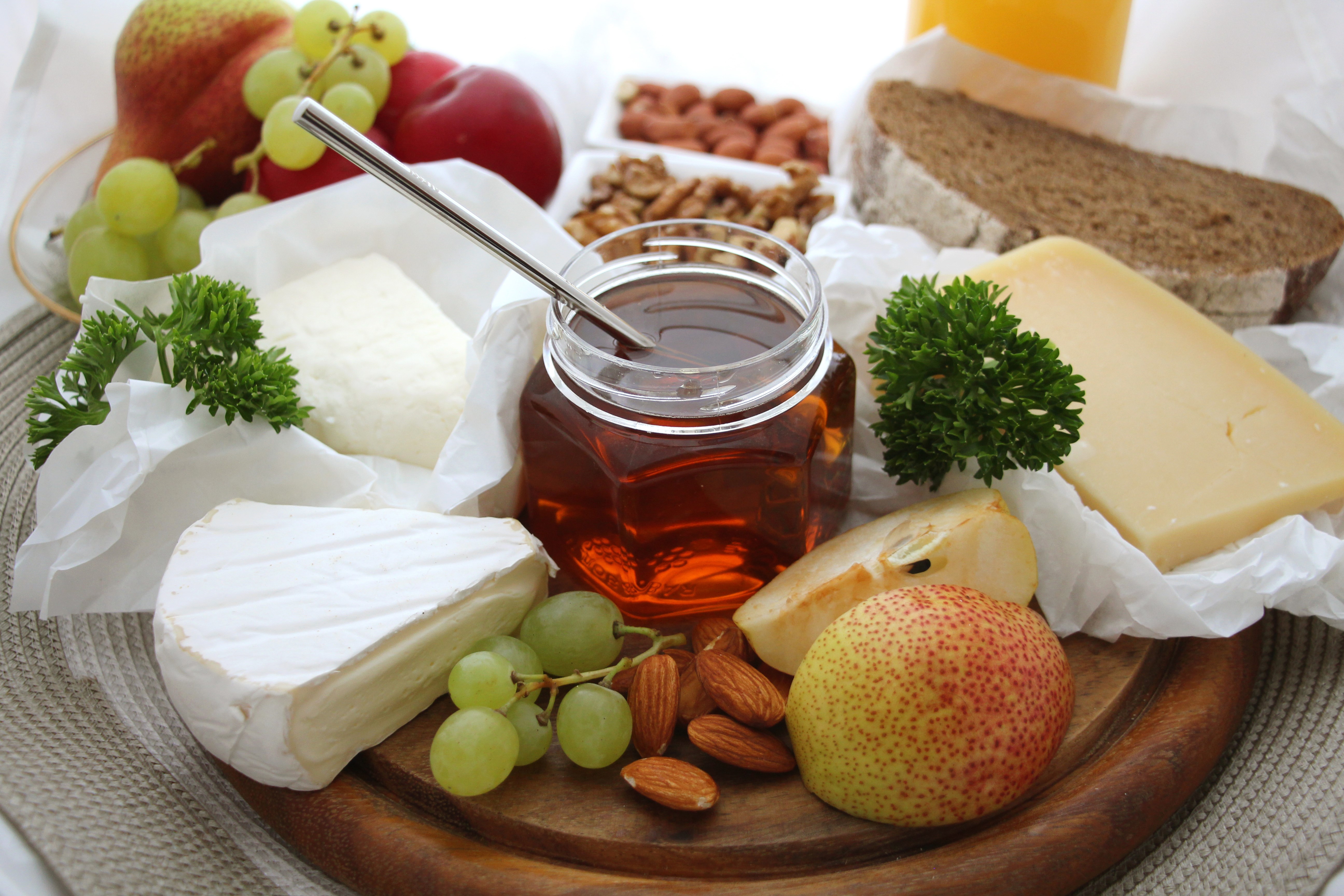 Cheese, Honey, Nuts, and Fruit Platter HD Wallpaper