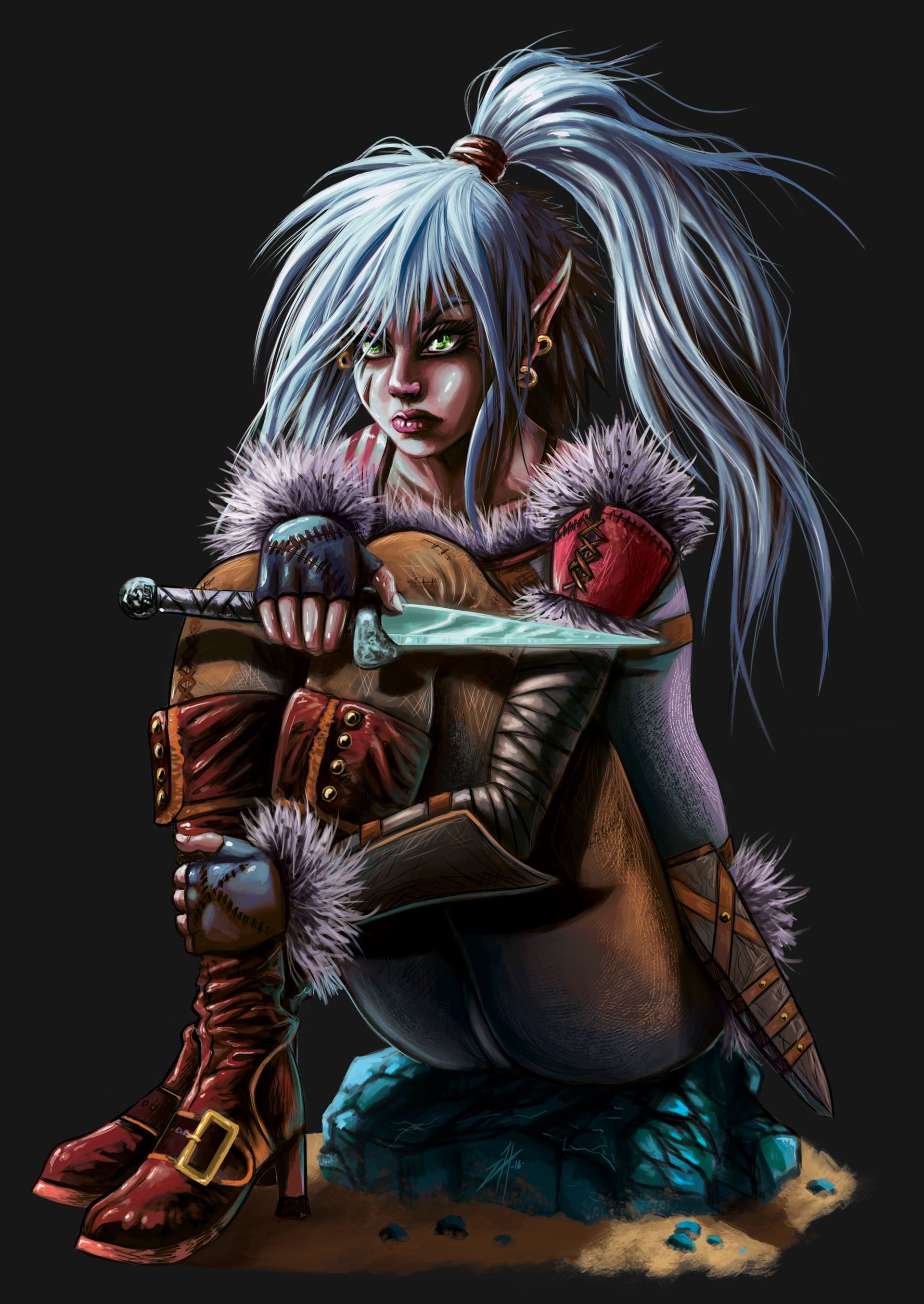 Elf warrior with a knife sitting on a rock HD Phone Wallpaper