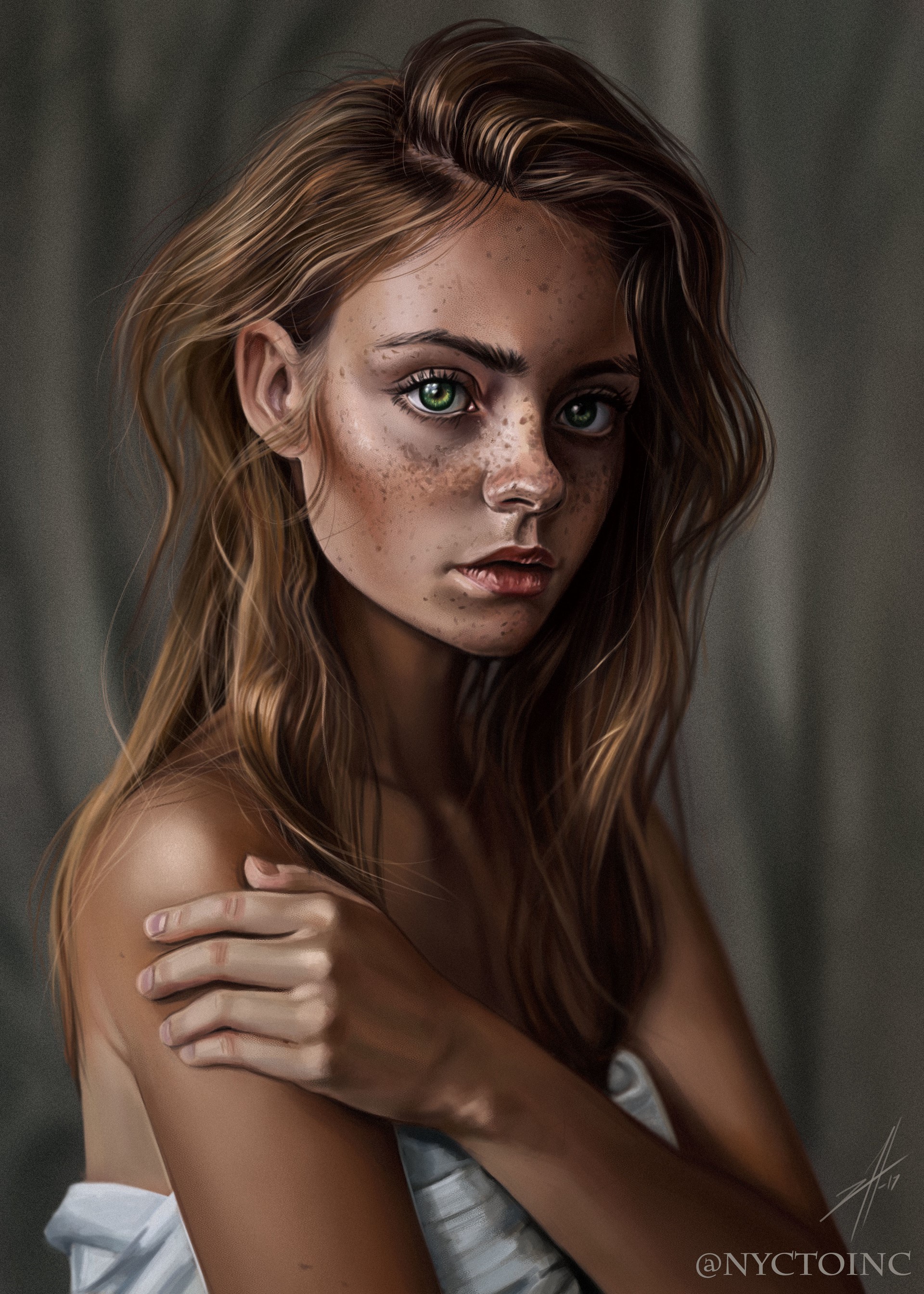 Painting of a young woman with freckles and green eyes HD Phone Wallpaper