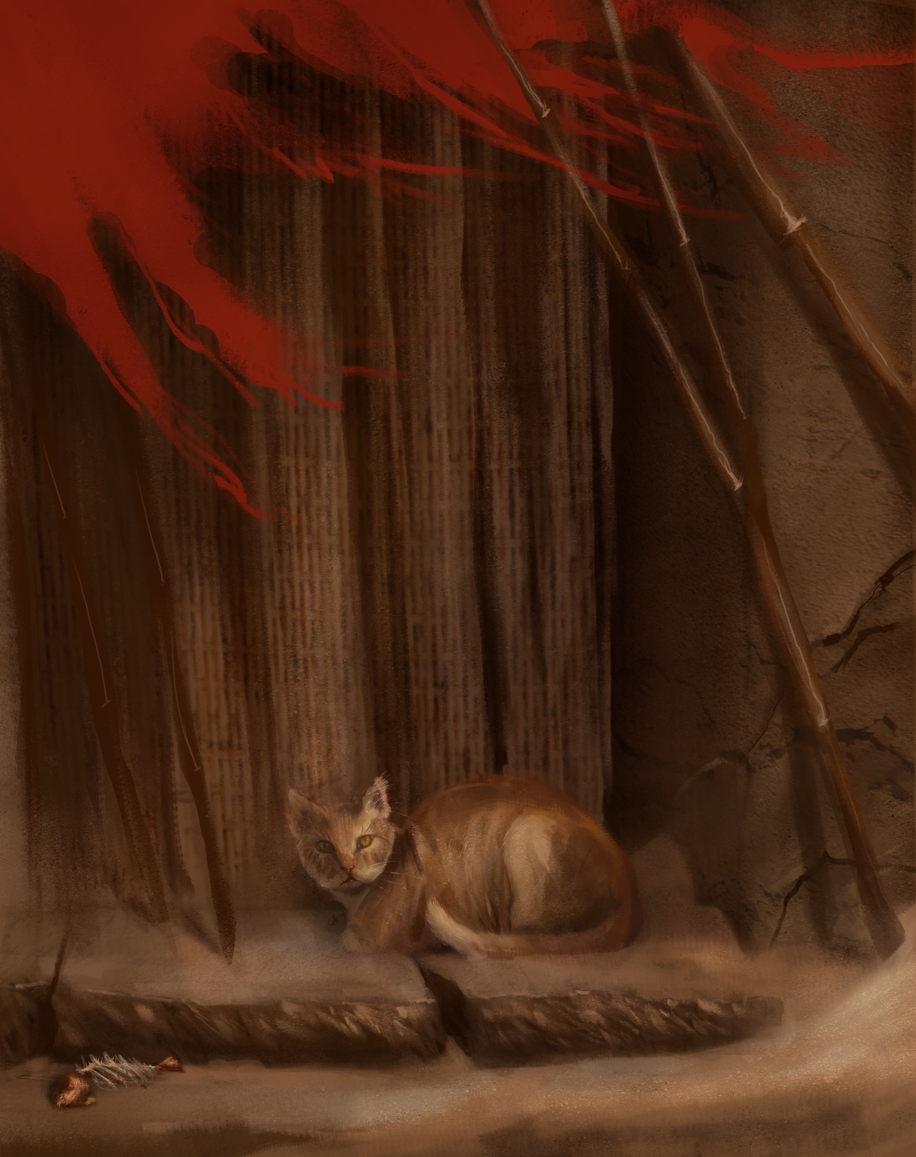 A cat sits near a pile of bones and spears HD Phone Wallpaper