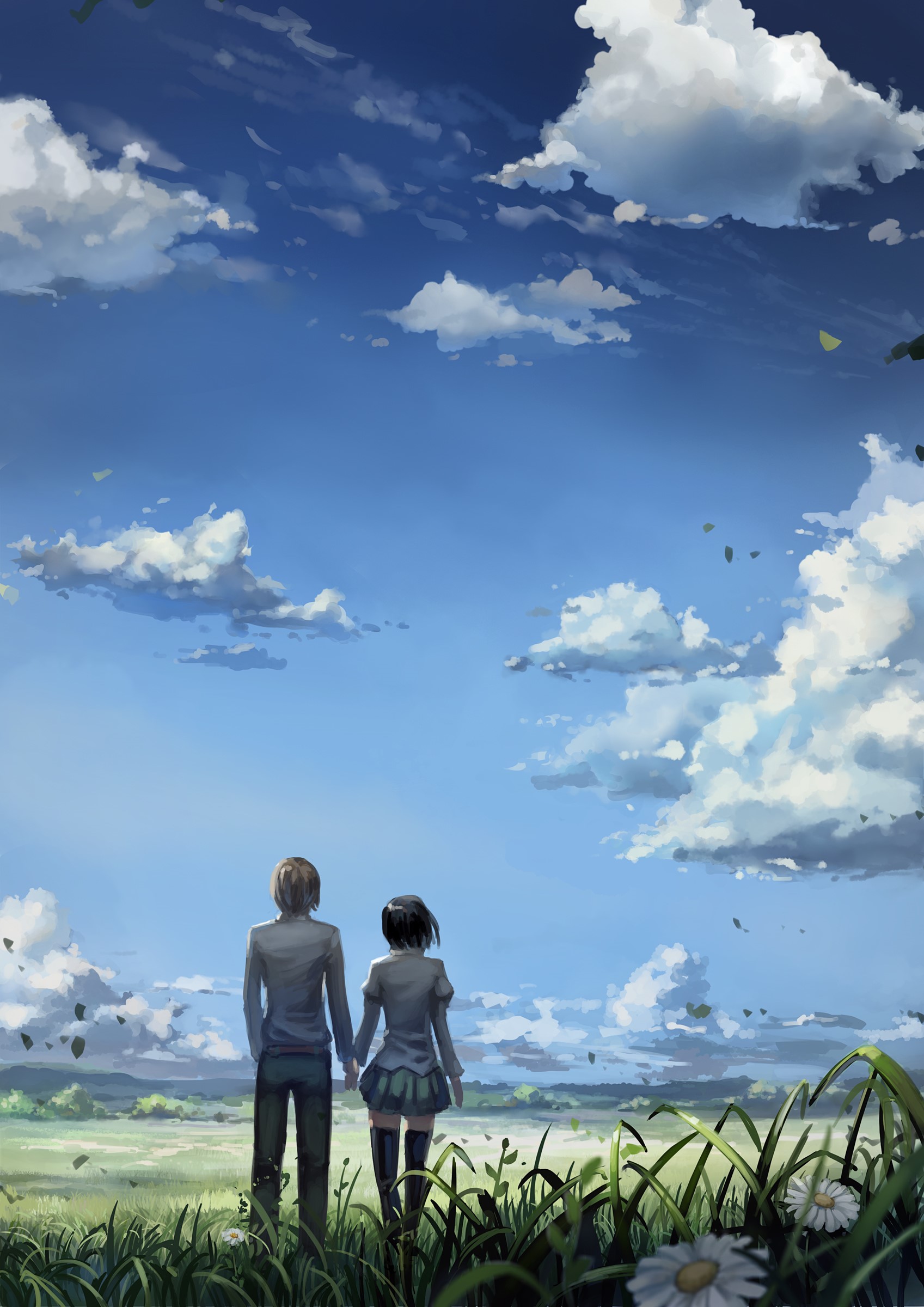 Two young people holding hands in a field under a cloudy sky HD Phone Wallpaper