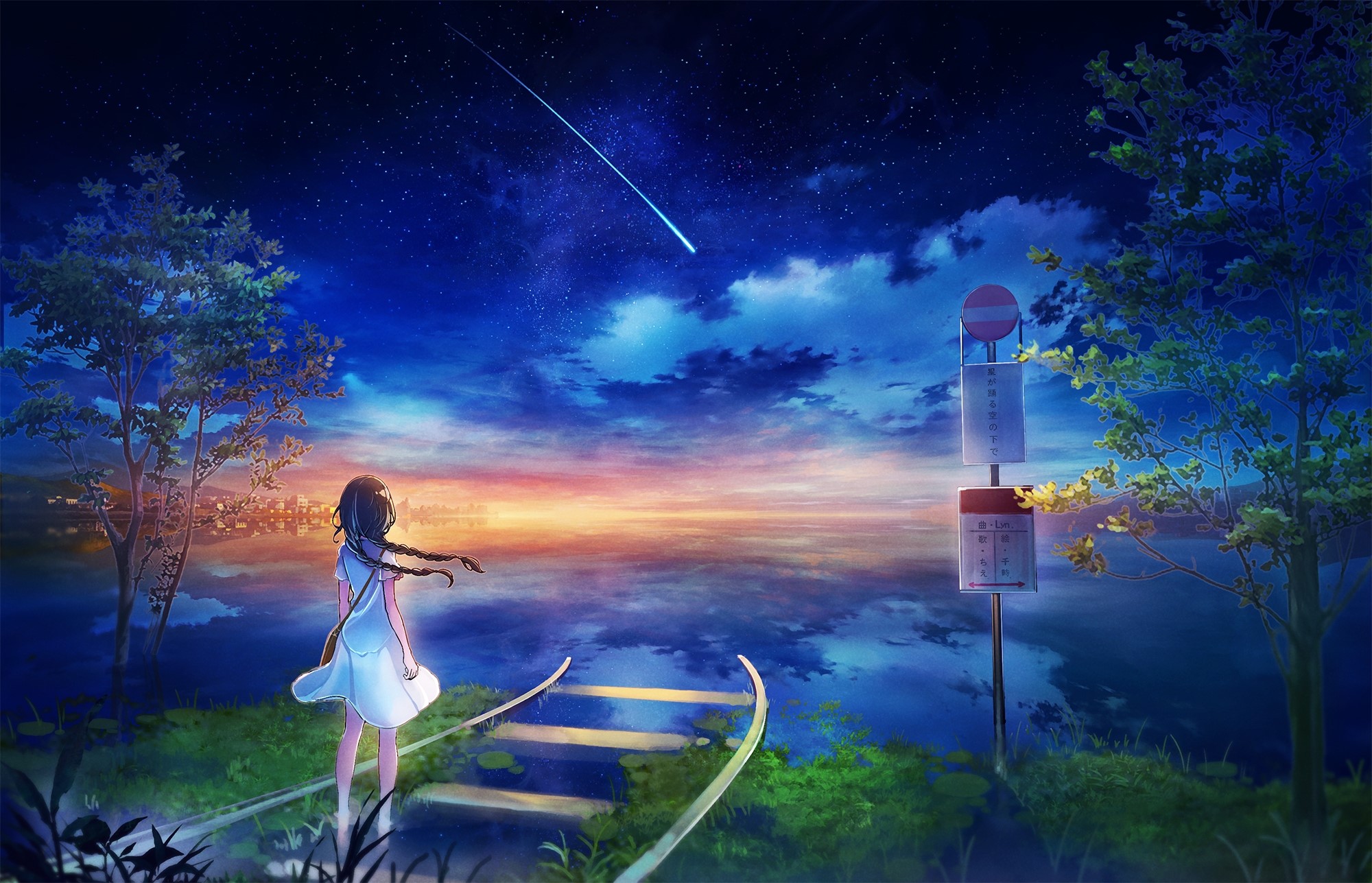 Girl Standing at Sea Railroads Under Starry Sky HD Wallpaper