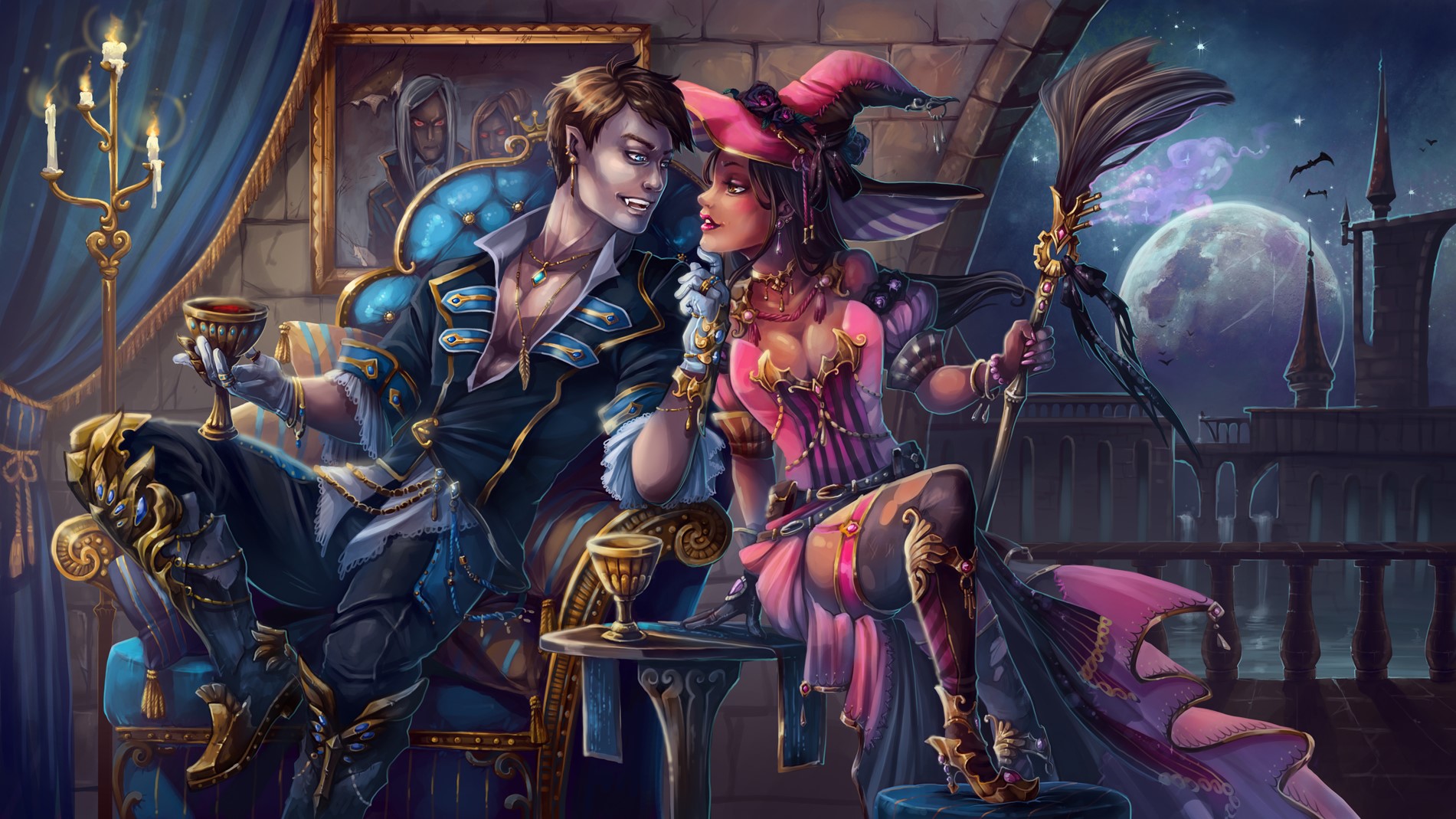 Vampire and Witch on a Balcony at Night HD Wallpaper