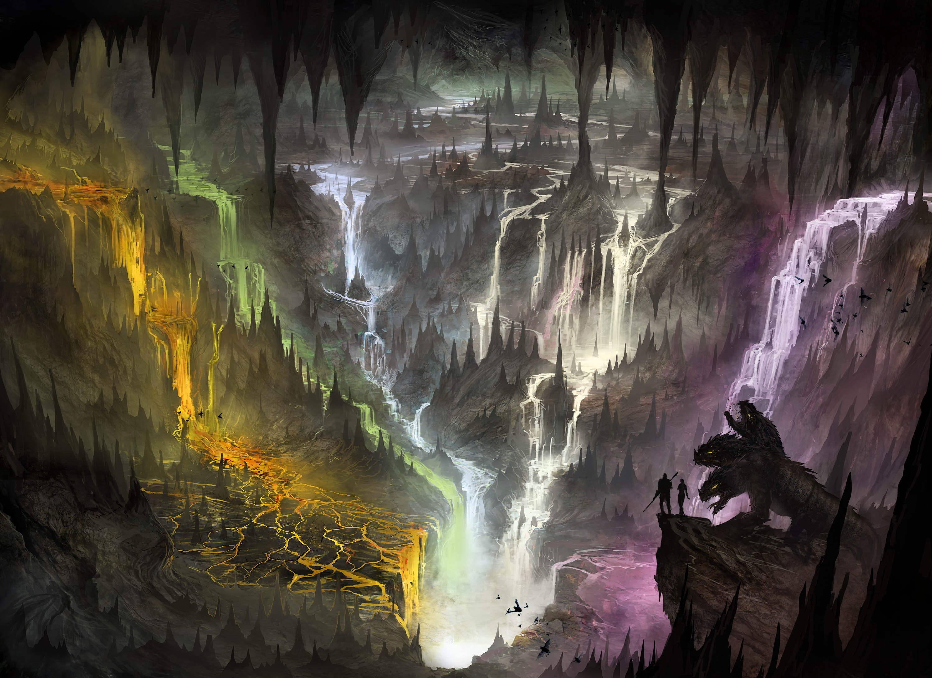 Cave with colorful waterfalls and a dragon monster HD Wallpaper
